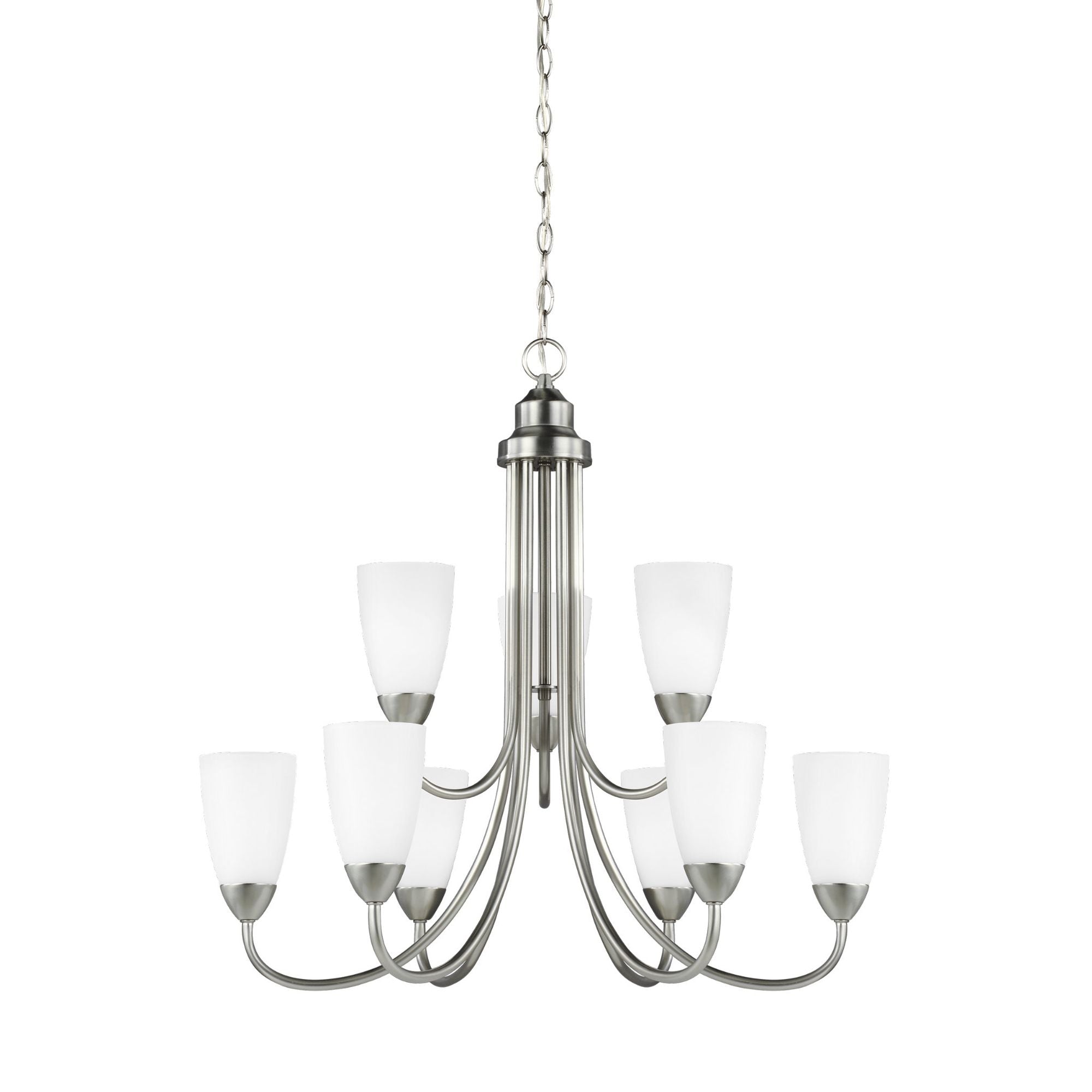 Seville Nine Light Chandelier LED Transitional 27.125" Height Steel Round Etched / White Inside Shade in Brushed Nickel