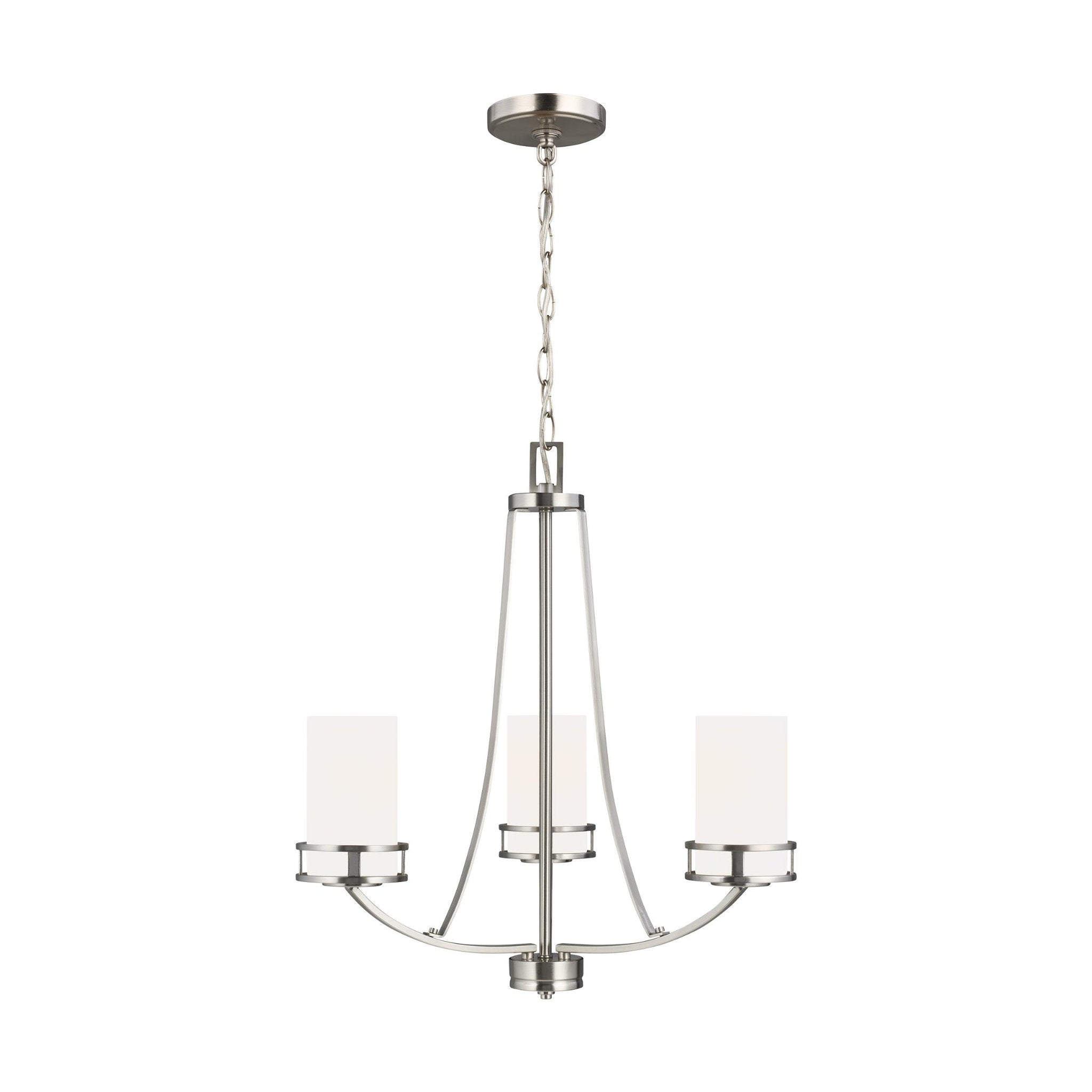 Robie Three Light Chandelier Transitional 22.125" Height Steel Round Etched / White Inside Shade in Brushed Nickel
