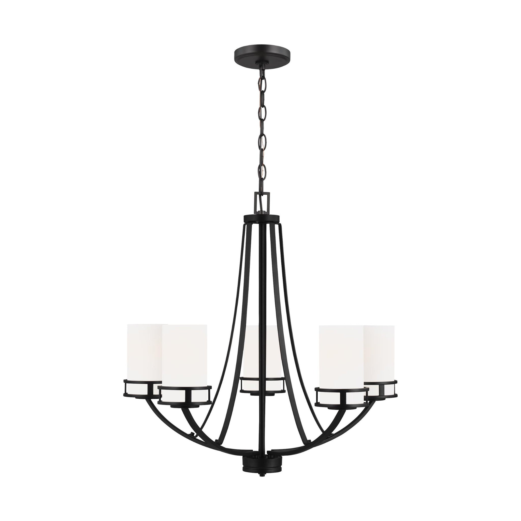 Robie Five Light Chandelier Transitional 23.375" Height Steel Round Etched / White Inside Shade in Midnight Black