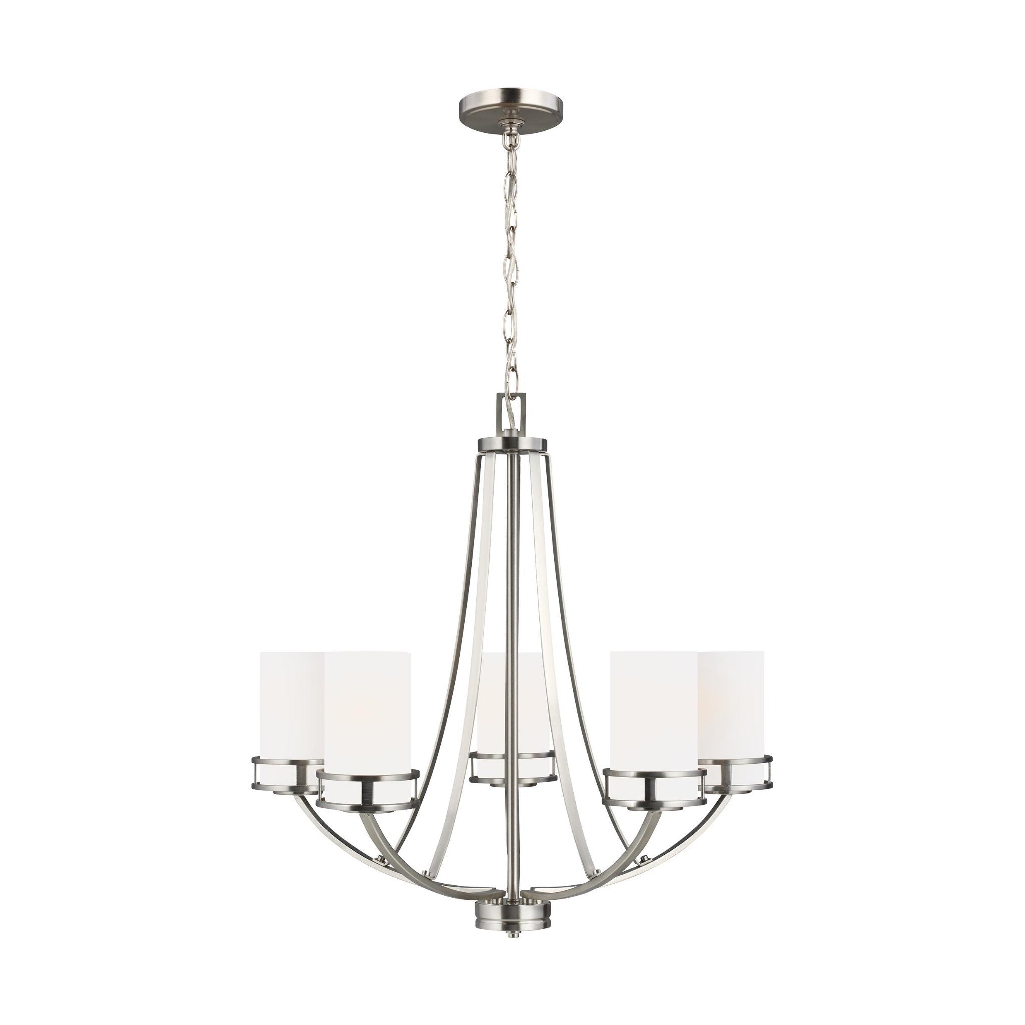 Robie Five Light Chandelier Transitional 23.375" Height Steel Round Etched / White Inside Shade in Brushed Nickel