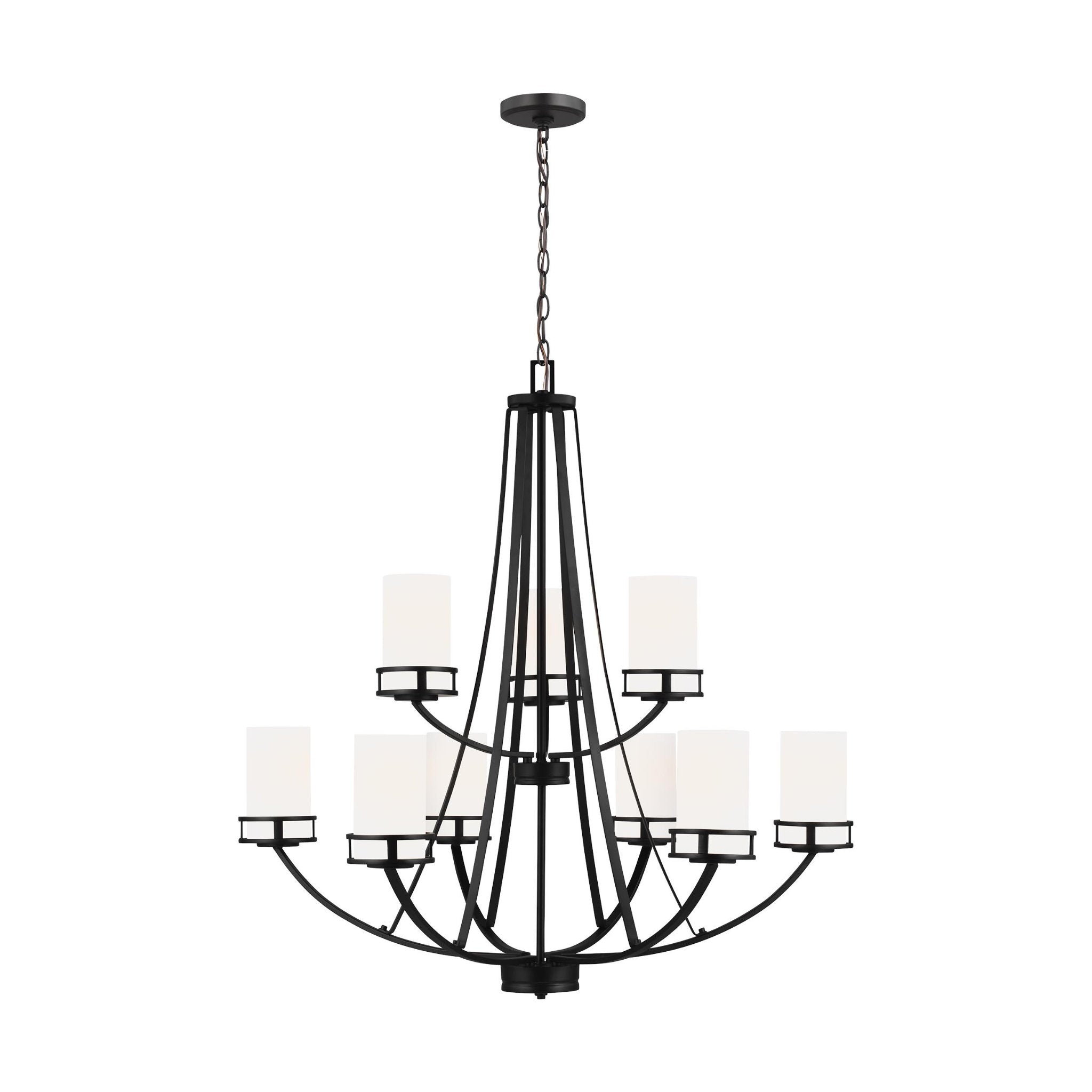 Robie Nine Light Chandelier Transitional 34" Height Steel Round Etched / White Inside Shade in Midnight Black