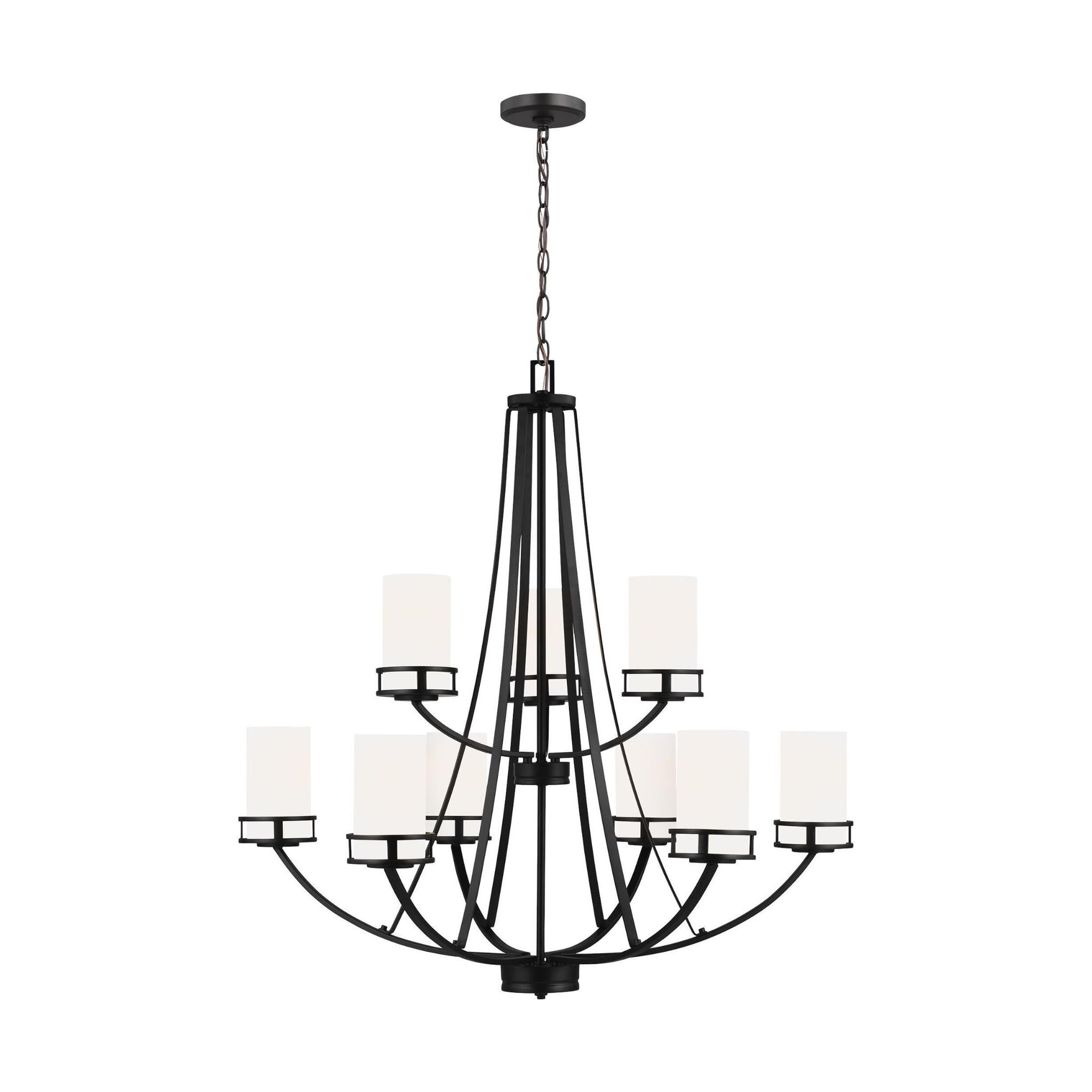 Robie Nine Light Chandelier LED Transitional 34" Height Steel Round Etched / White Inside Shade in Midnight Black