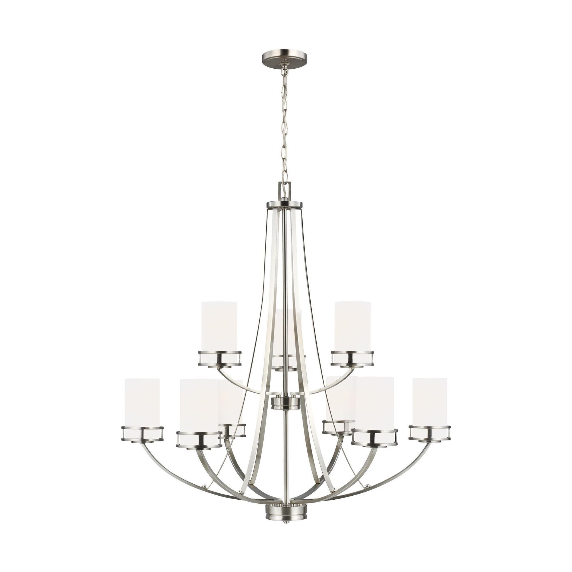 Robie Nine Light Chandelier LED Transitional 34" Height Steel Round Etched / White Inside Shade in Brushed Nickel