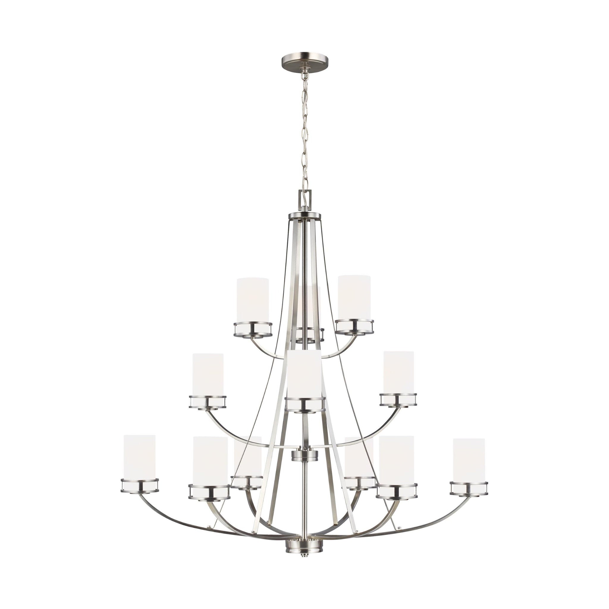 Robie Twelve Light Chandelier Transitional 40.625" Height Steel Round Etched / White Inside Shade in Brushed Nickel