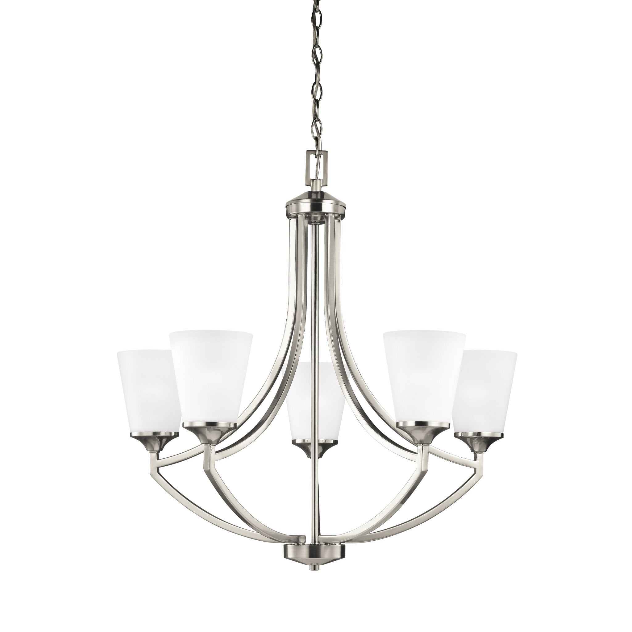 Hanford Five Light Chandelier Transitional 27.625" Height Steel Round Satin Etched Shade in Brushed Nickel