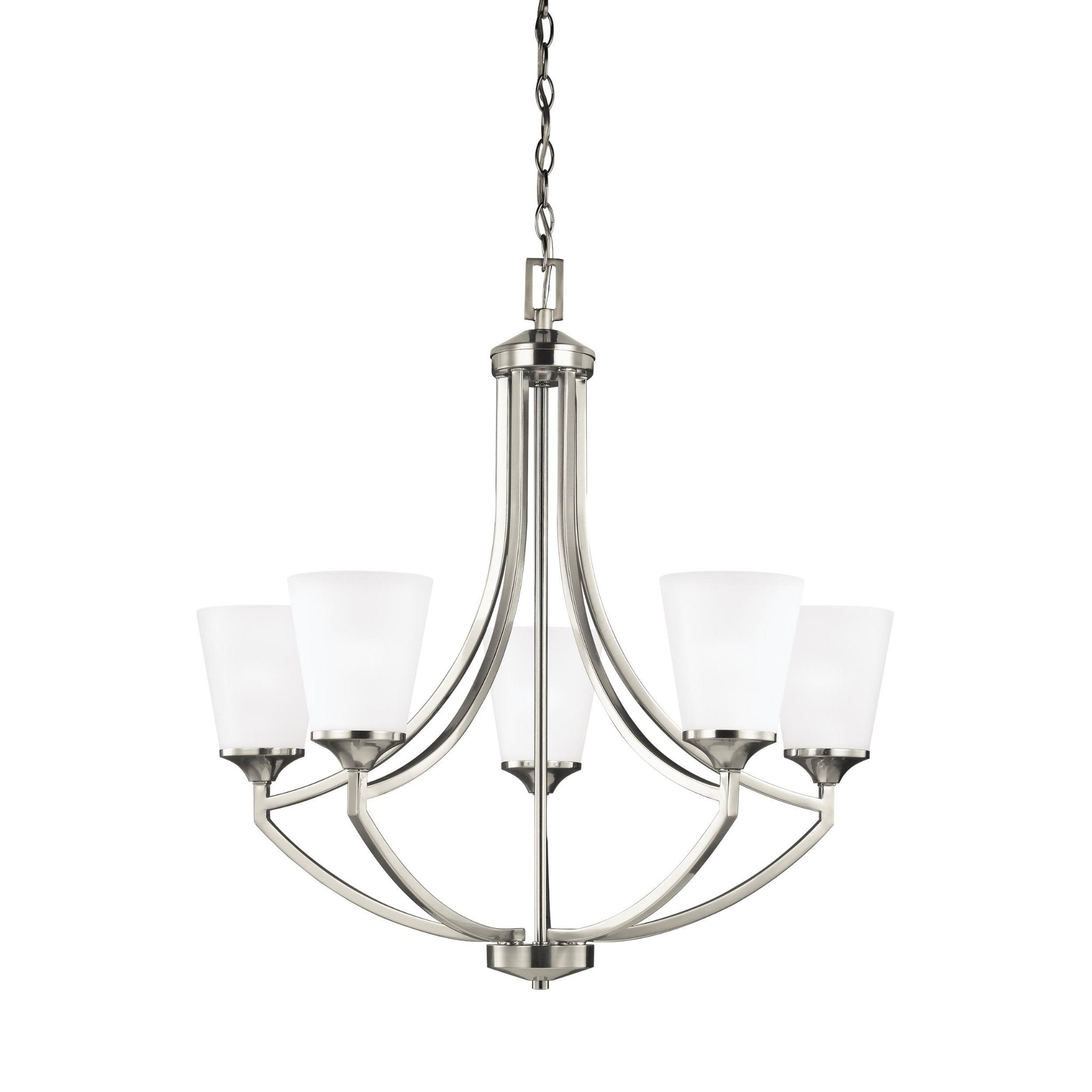 Hanford Five Light Chandelier LED Transitional 27.625" Height Steel Round Satin Etched Shade in Brushed Nickel