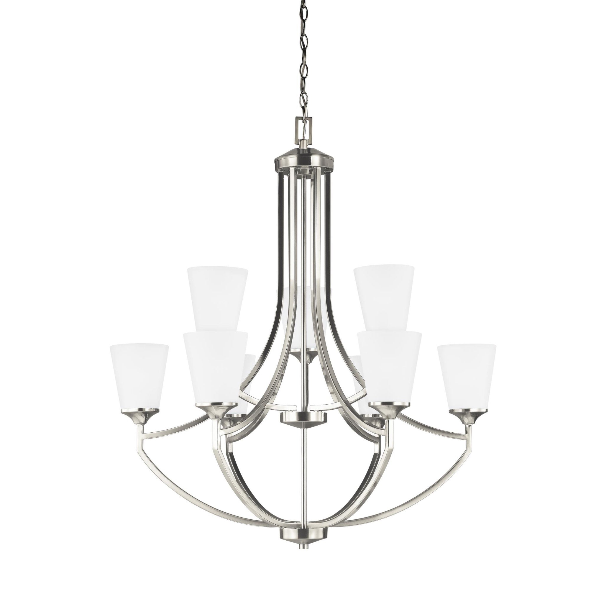Hanford Nine Light Chandelier LED Transitional 37" Height Steel Round Satin Etched Shade in Brushed Nickel