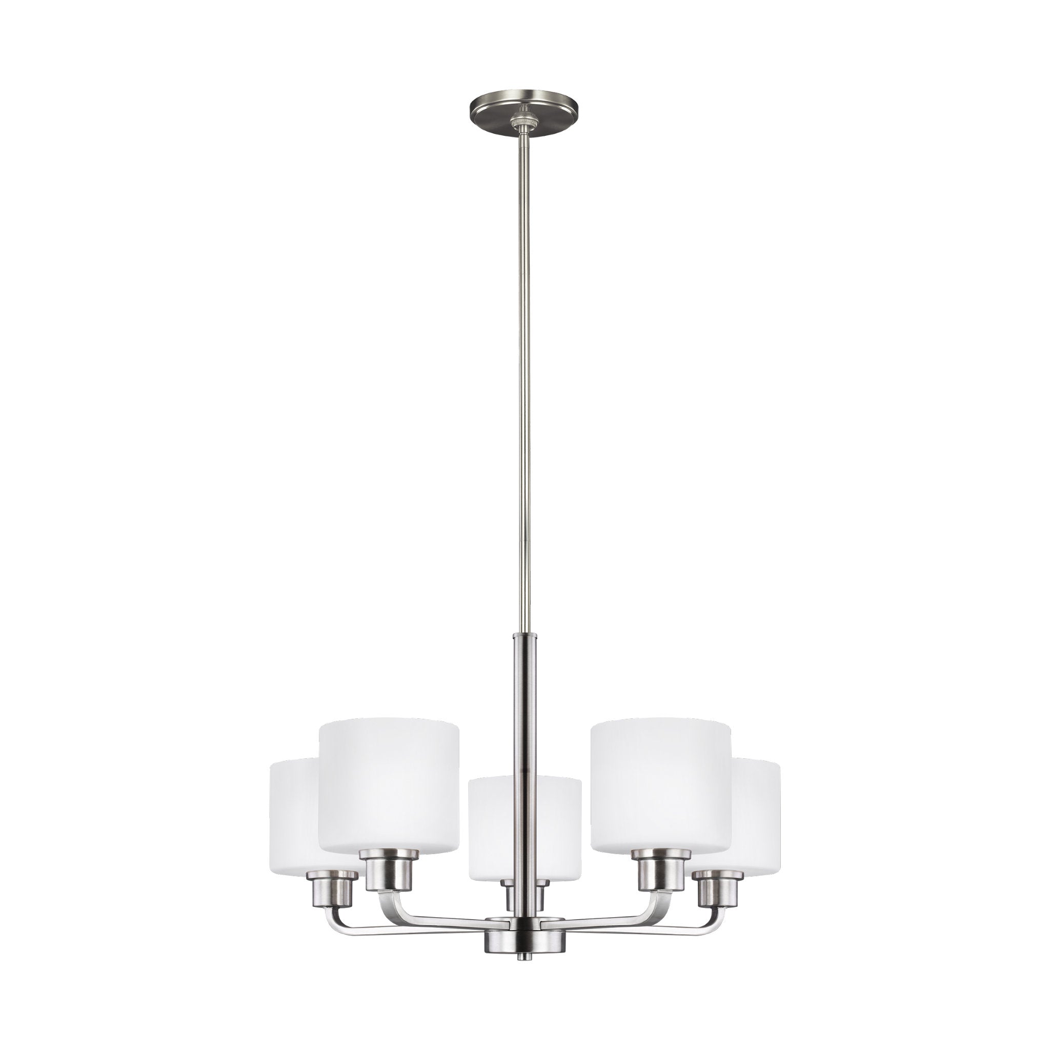 Canfield Five Light Chandelier Modern 14.5" Height Steel Round Etched / White Inside Shade in Brushed Nickel