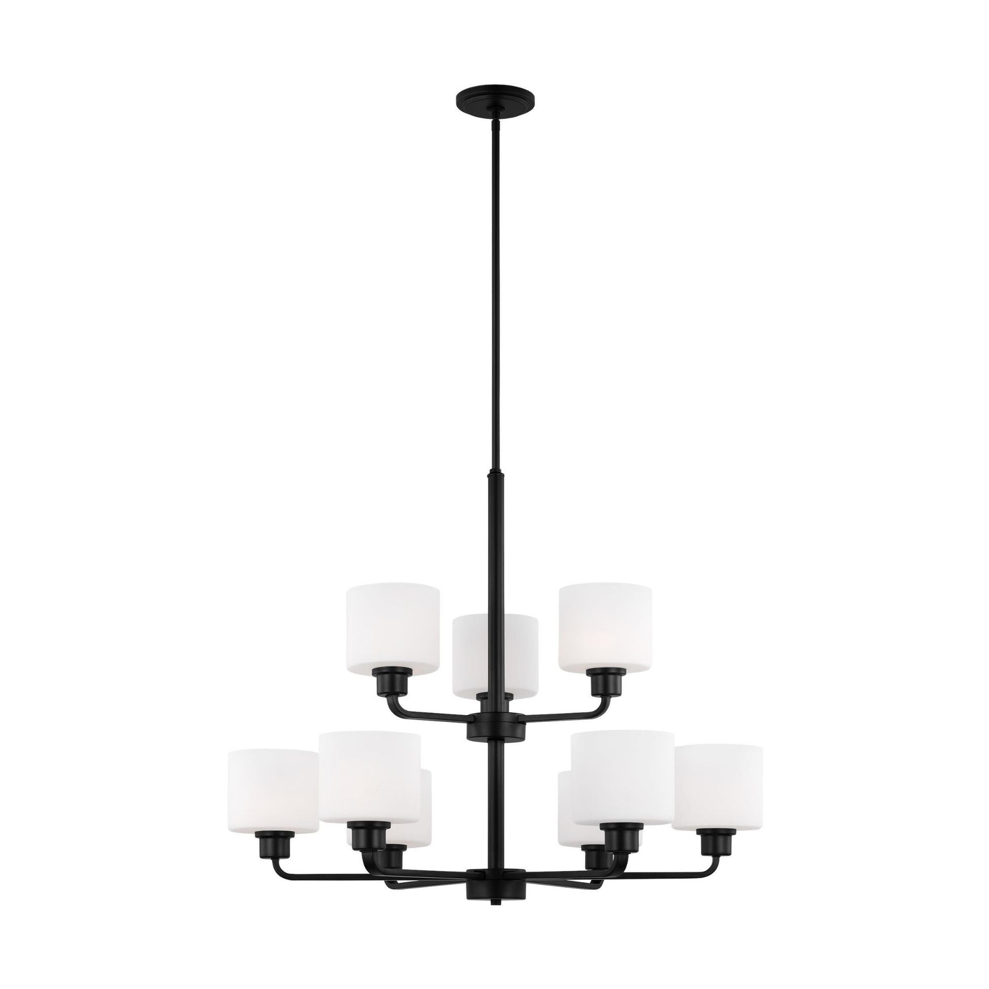 Canfield Nine Light Chandelier Modern 26" Height Steel Round Etched / White Inside Shade in Midnight Black