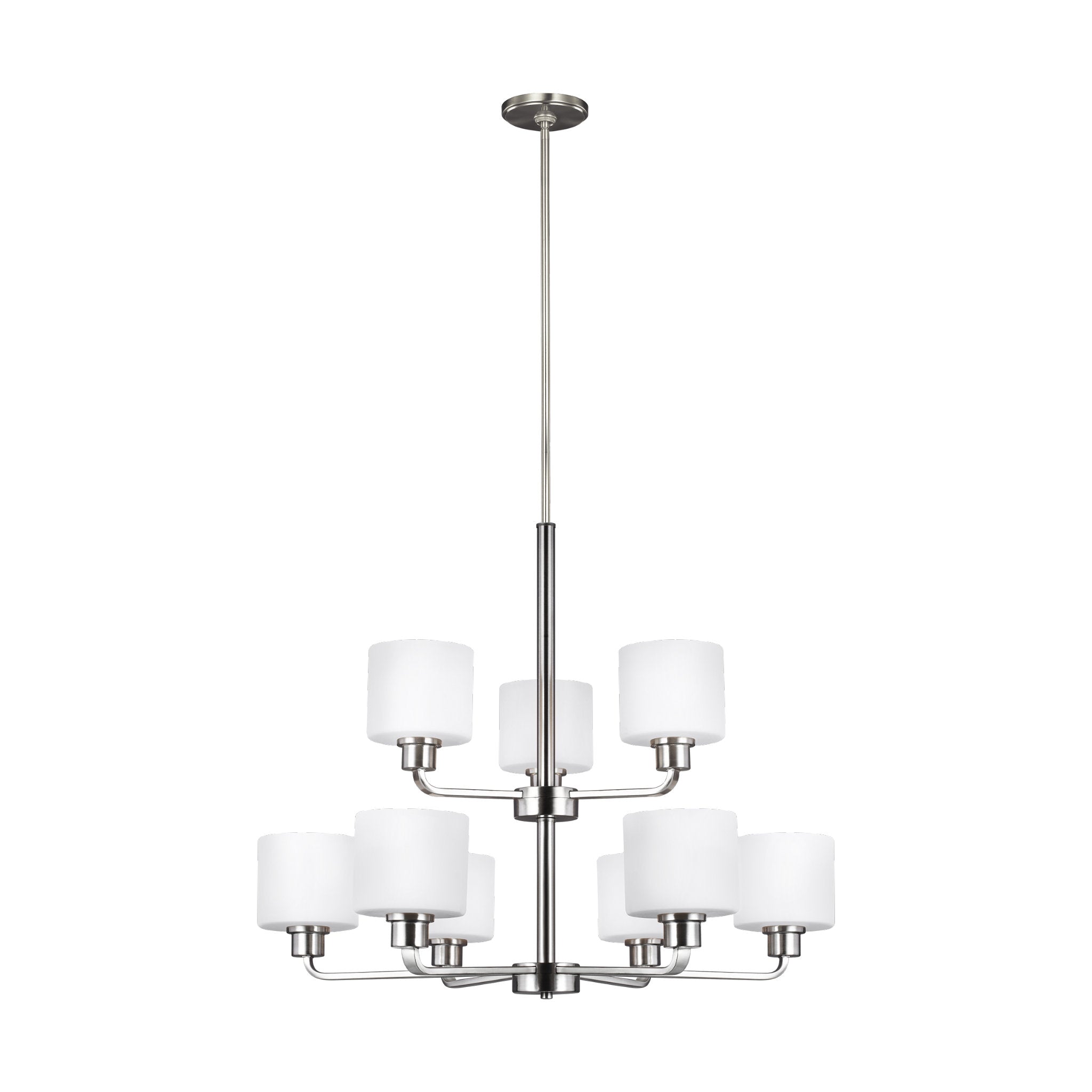 Canfield Nine Light Chandelier Modern 26" Height Steel Round Etched / White Inside Shade in Brushed Nickel