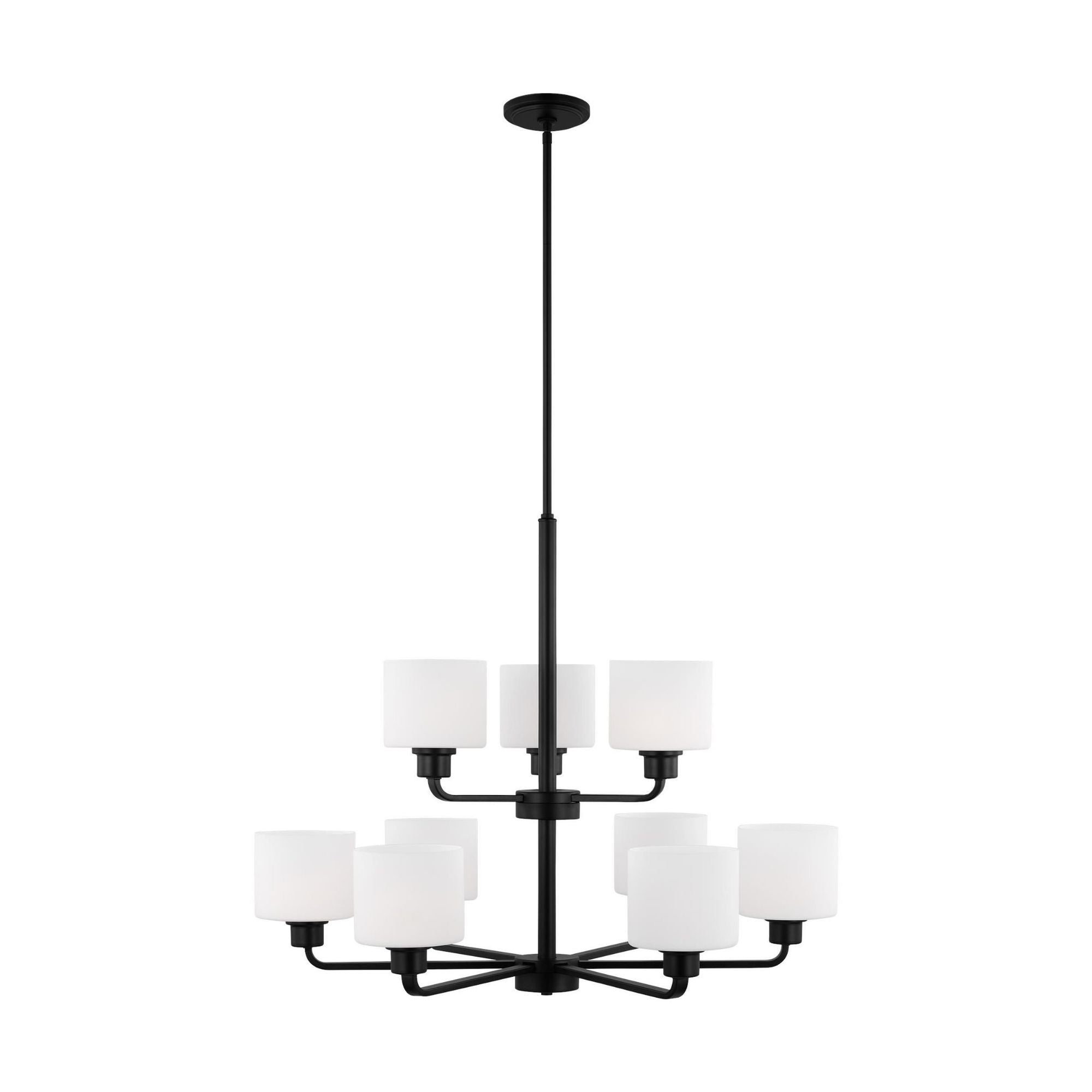 Canfield Nine Light Chandelier LED Modern 26" Height Steel Round Etched / White Inside Shade in Midnight Black