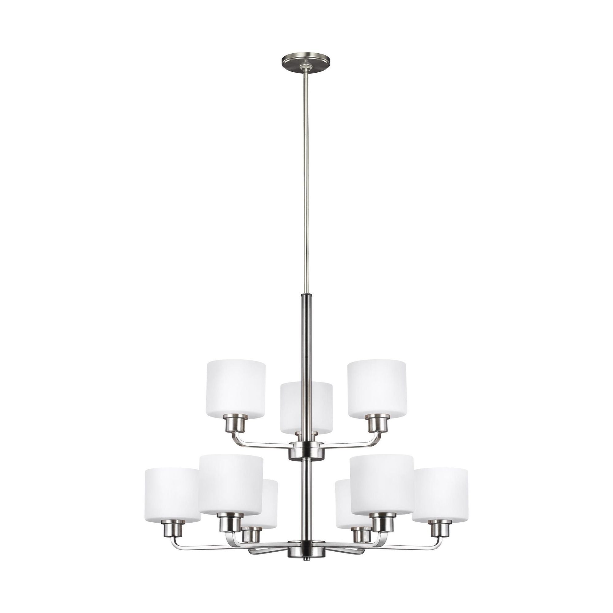 Canfield Nine Light Chandelier LED Modern 26" Height Steel Round Etched / White Inside Shade in Brushed Nickel