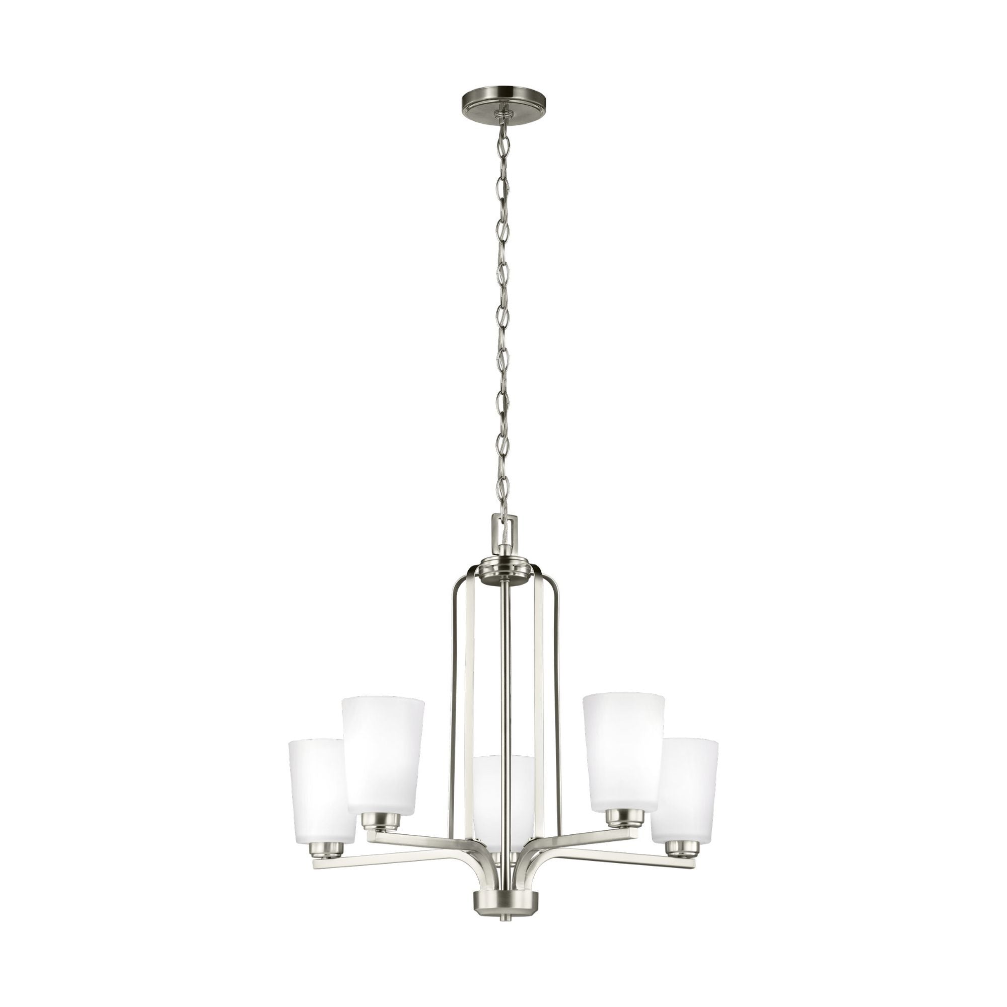 Franport Five Light Chandelier LED Traditional 22.875" Height Steel Round Etched / White Inside Shade in Brushed Nickel