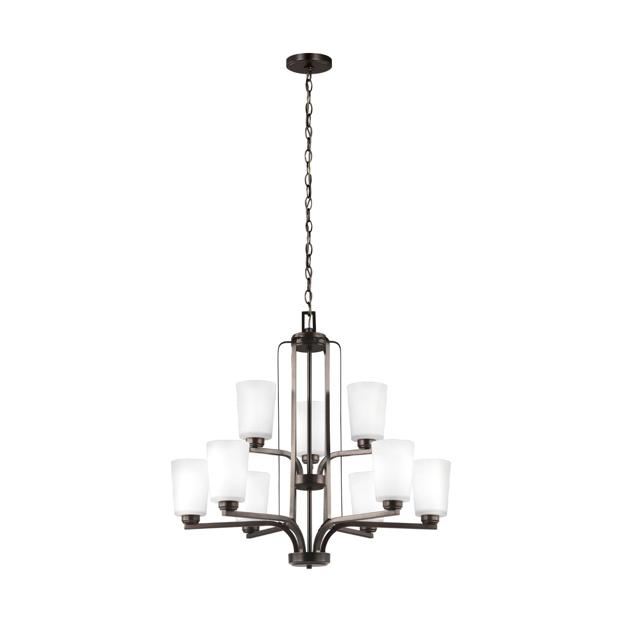 Franport Nine Light Chandelier LED Traditional 27.625" Height Steel Round Etched / White Inside Shade in Bronze