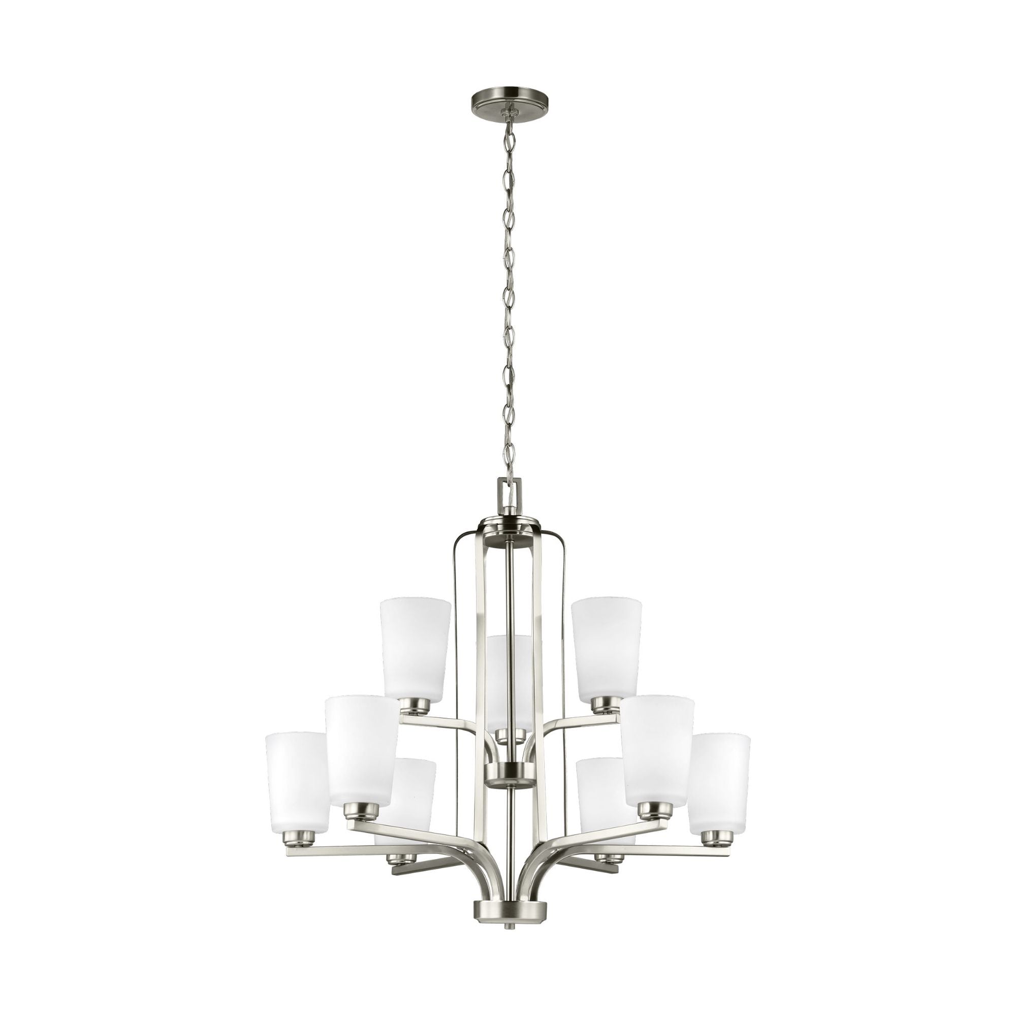 Franport Nine Light Chandelier LED Traditional 27.625" Height Steel Round Etched / White Inside Shade in Brushed Nickel