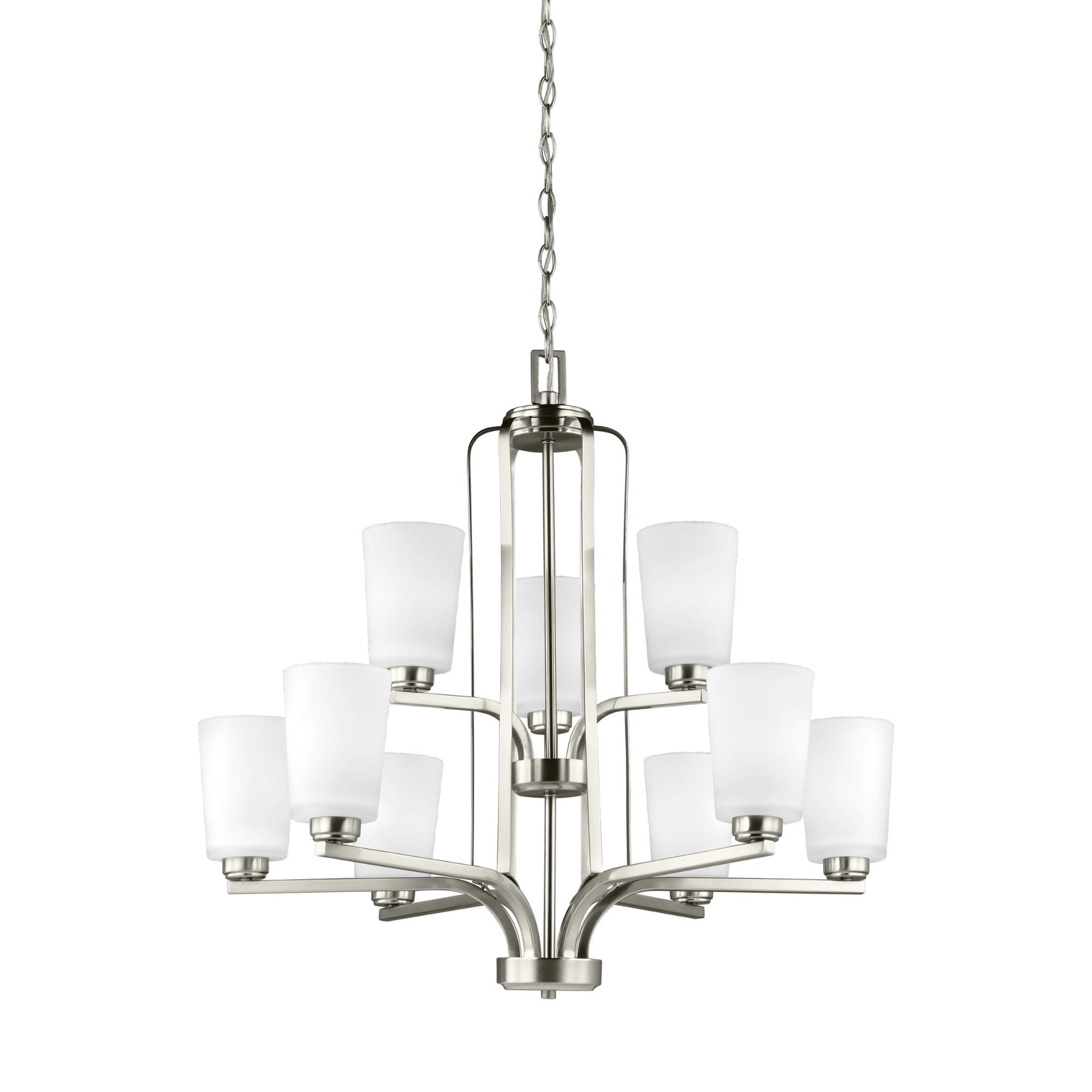 Franport Nine Light Chandelier LED Traditional 27.625" Height Steel Round Etched / White Inside Shade in Brushed Nickel