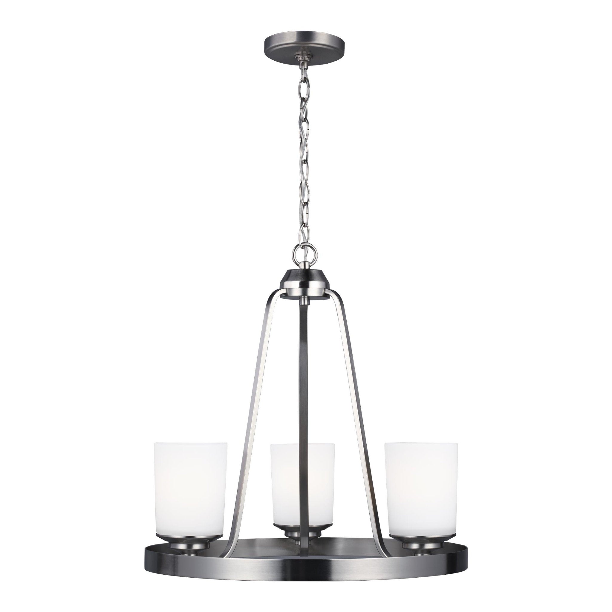 Kemal Three Light Chandelier Transitional 19" Height Steel Round Etched / White Inside Shade in Brushed Nickel