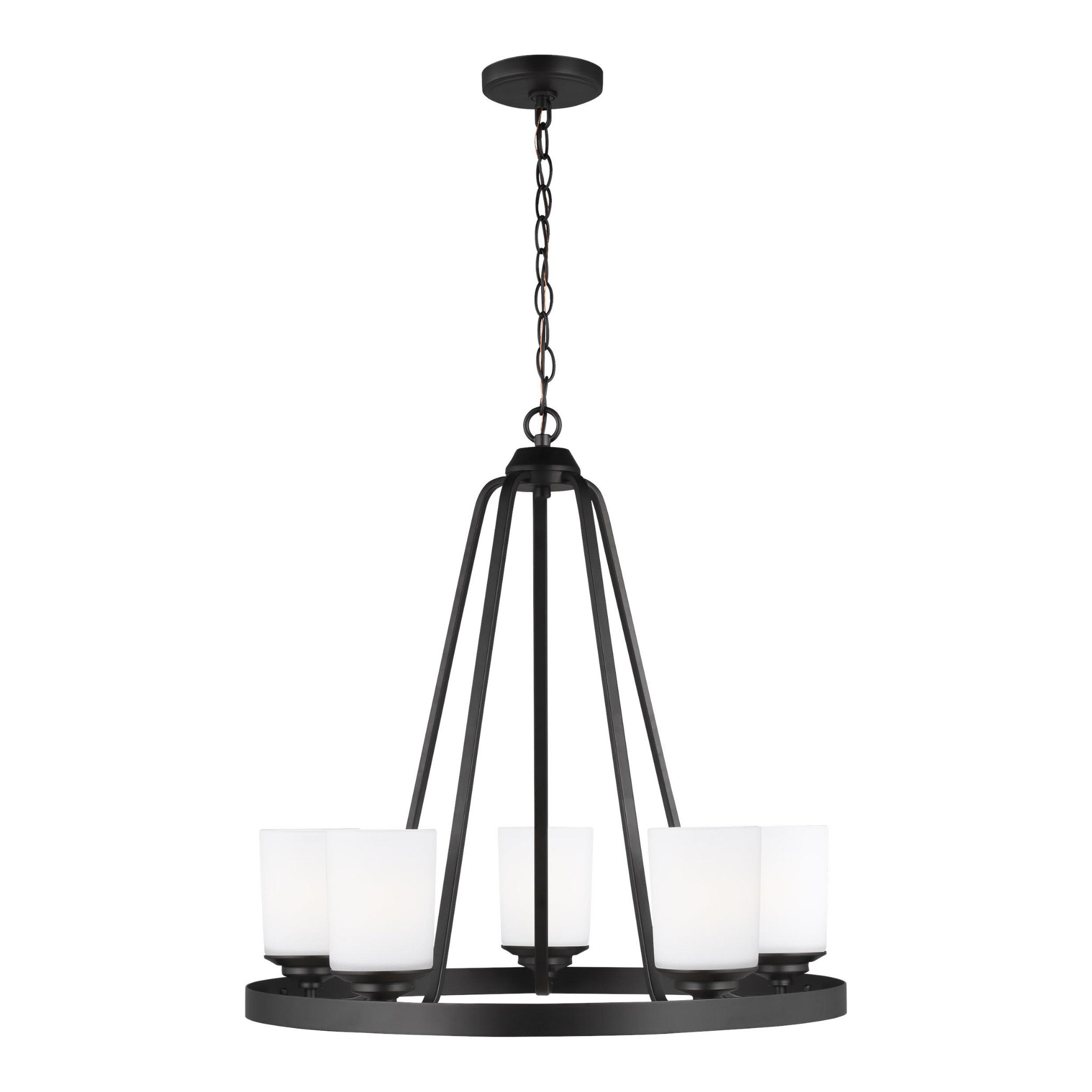 Kemal Five Light Chandelier Transitional 24" Height Steel Round Etched / White Inside Shade in Midnight Black