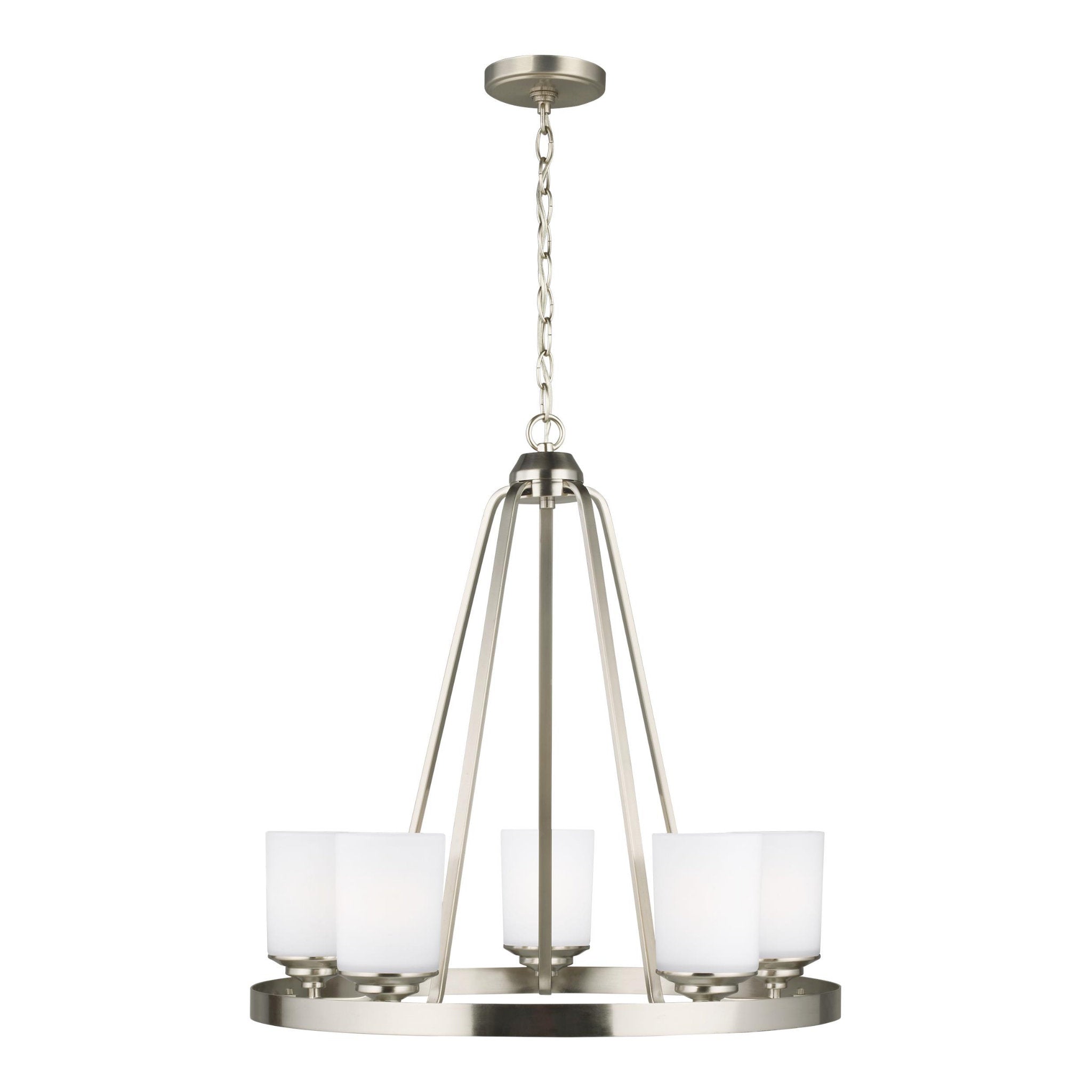 Kemal Five Light Chandelier Transitional 24" Height Steel Round Etched / White Inside Shade in Brushed Nickel