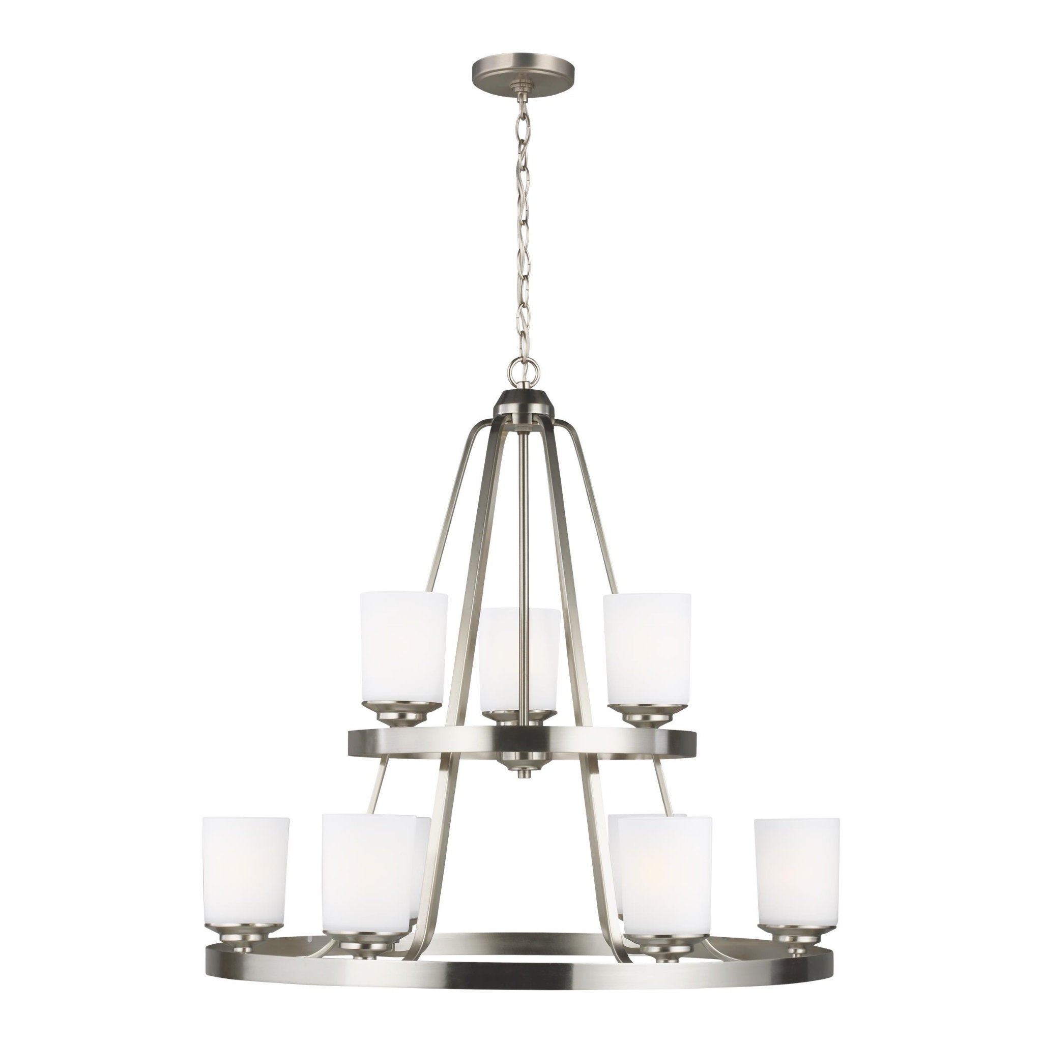 Kemal Nine Light Chandelier Transitional 29" Height Steel Round Etched / White Inside Shade in Brushed Nickel
