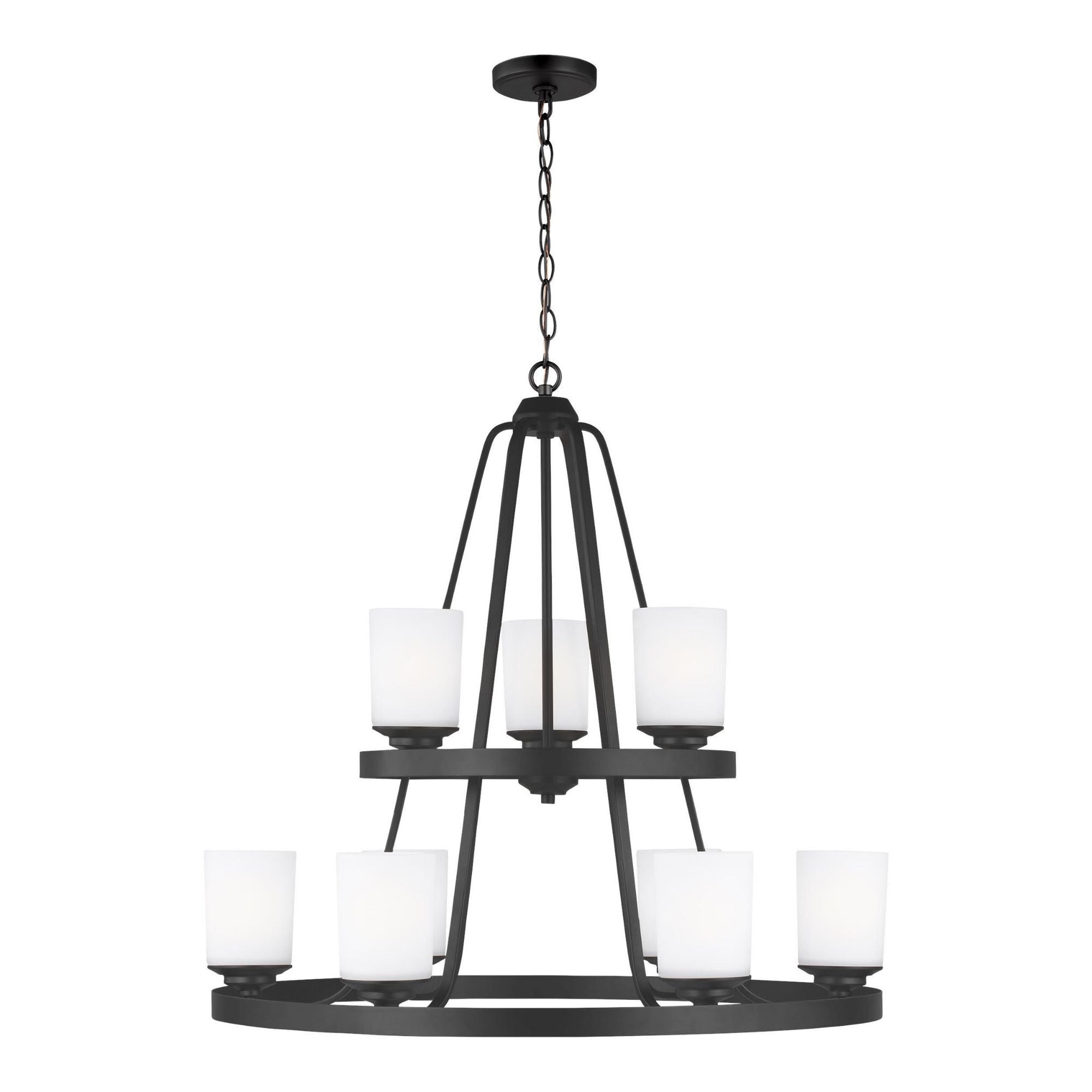 Kemal Nine Light Chandelier LED Transitional 29" Height Steel Round Etched / White Inside Shade in Midnight Black