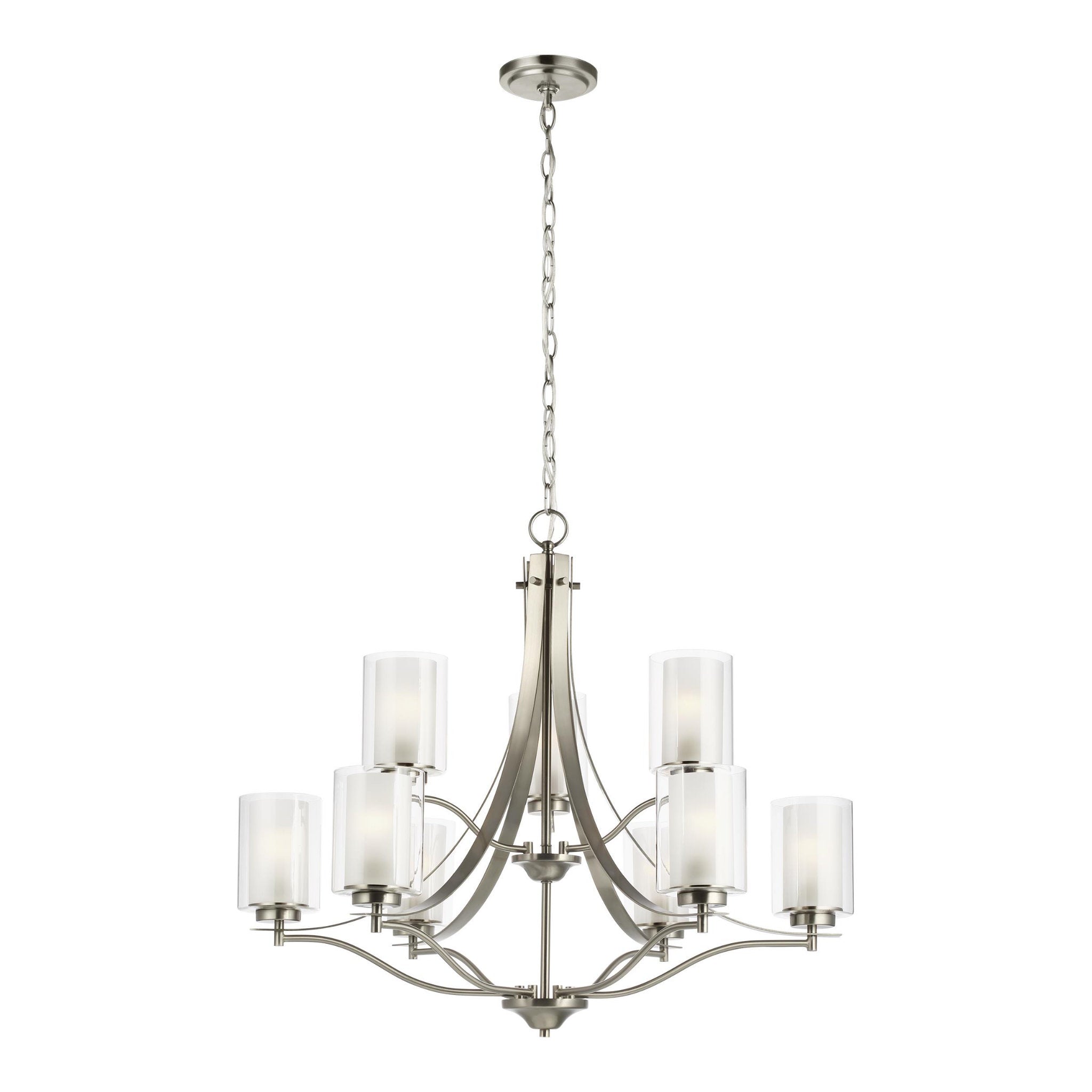 Elmwood Park Nine Light Chandelier Traditional 27.625" Height Steel Round Satin Etched Shade in Brushed Nickel