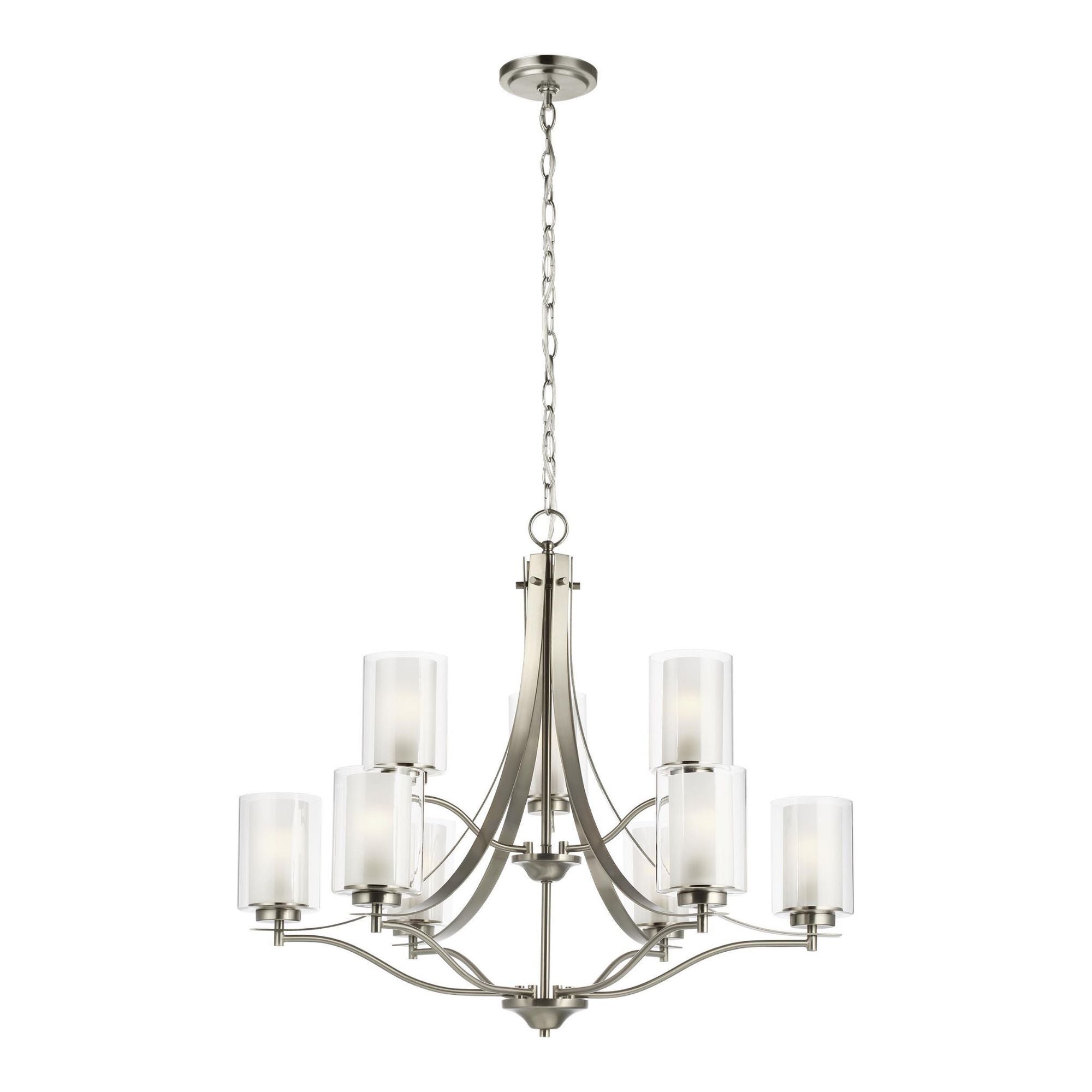 Elmwood Park Nine Light Chandelier LED Traditional 27.625" Height Steel Round Satin Etched Shade in Brushed Nickel