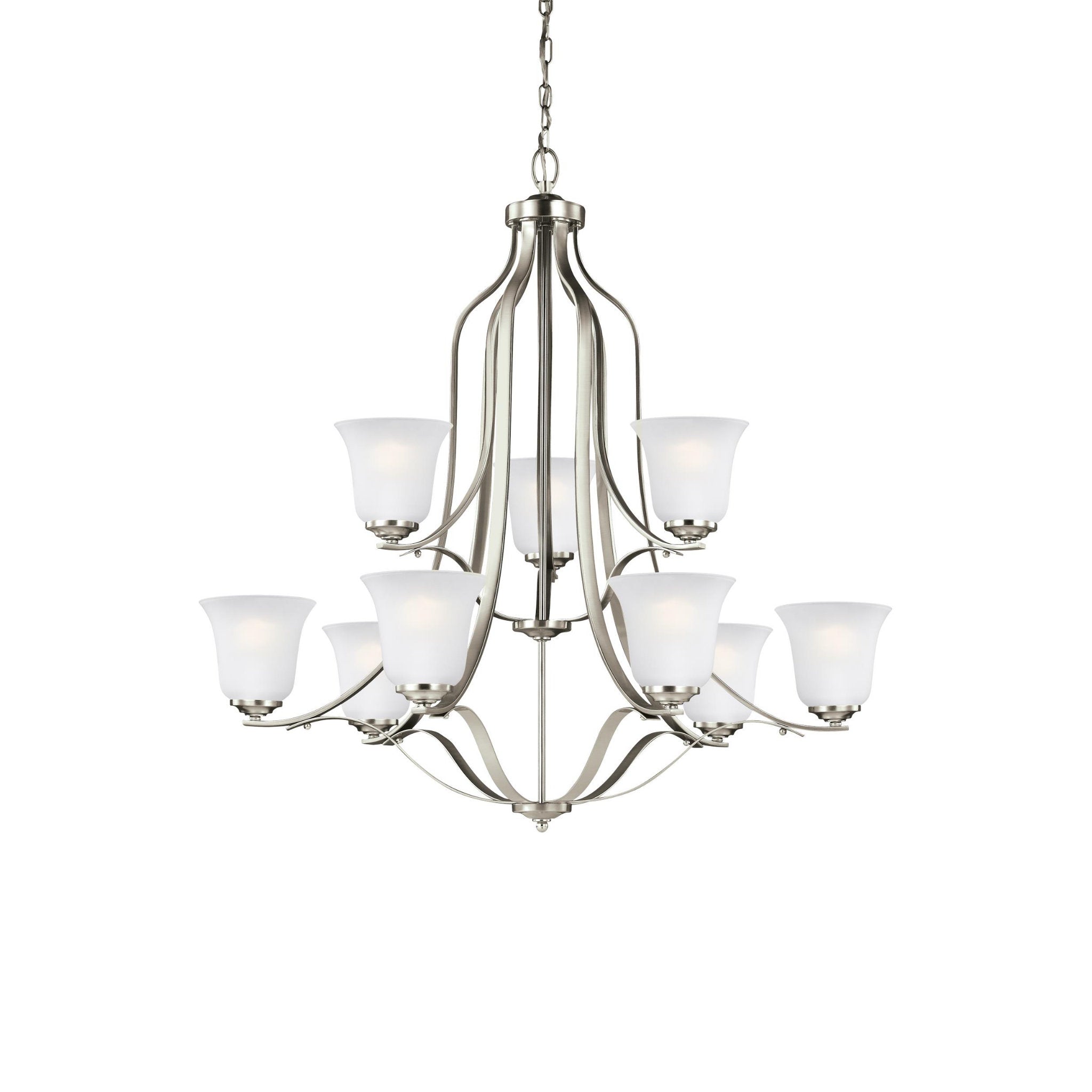 Emmons Nine Light Chandelier Traditional 35" Height Steel Round Satin Etched Shade in Brushed Nickel