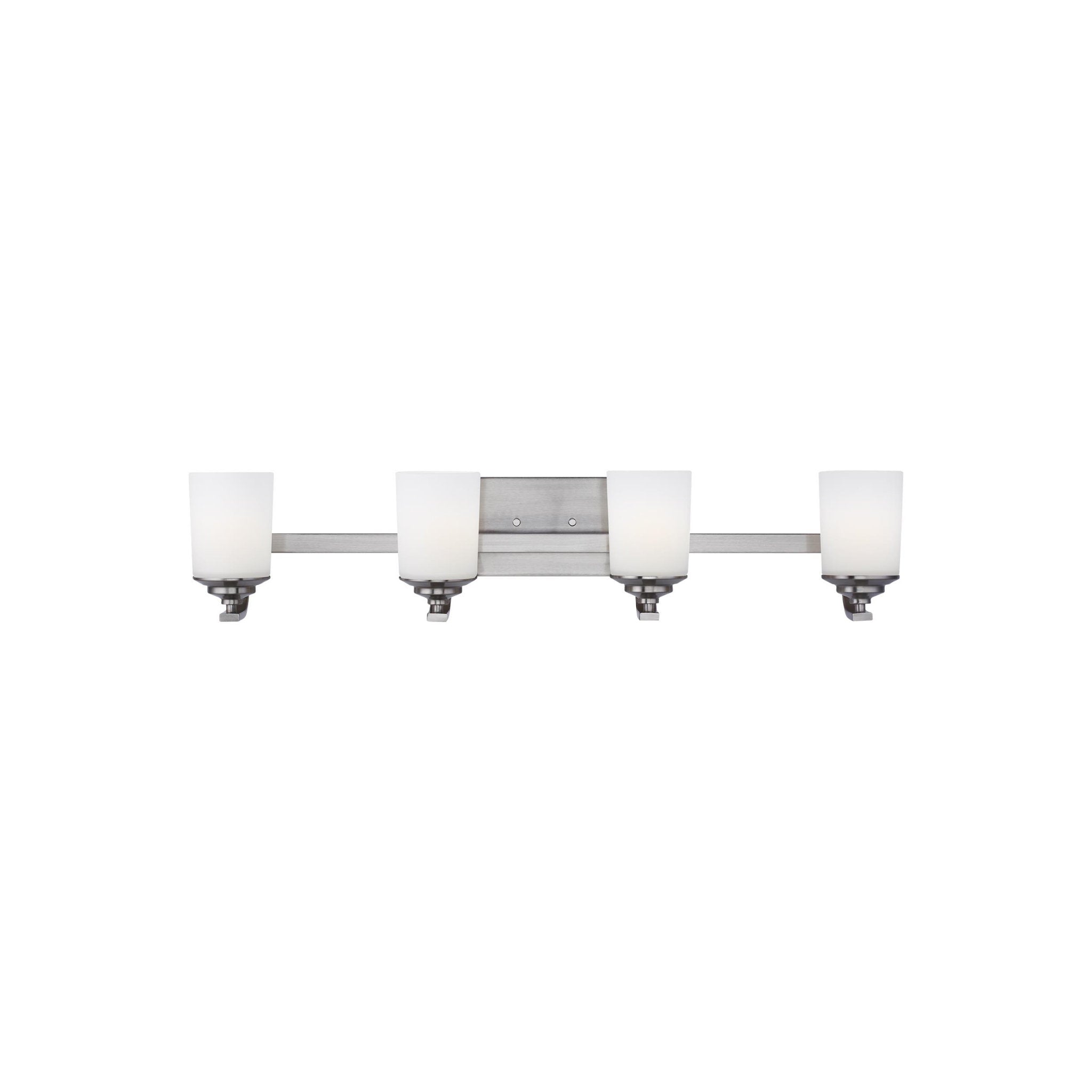 Kemal Four Light Wall / Bath Transitional Fixture 34" Width 7.125" Height Steel Round Etched White Inside Shade in Brushed Nickel