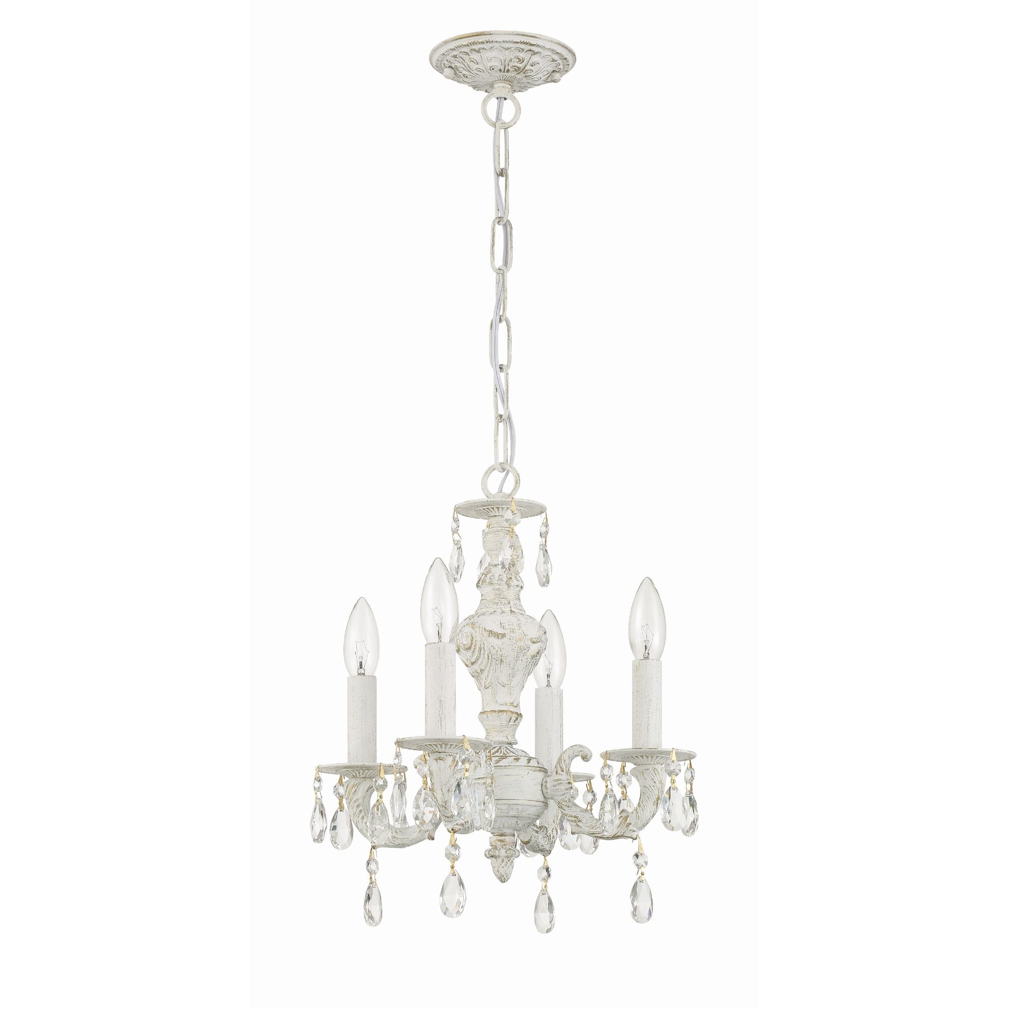 Paris Market 4 Light Clear Crystal Antique White Mini Chandelier Hand Cut Crystal 13.5"W x 15"H x 13.5"D