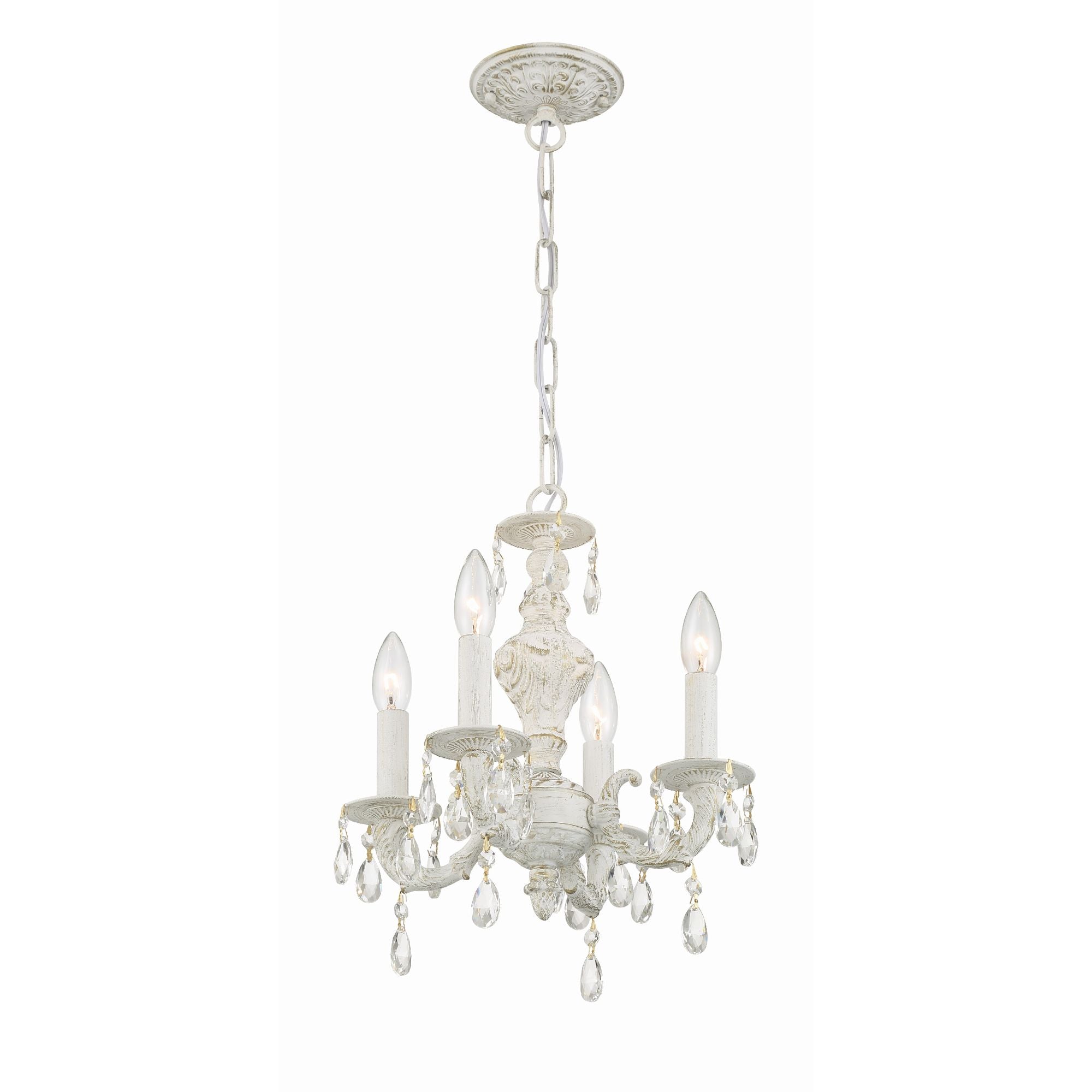 Paris Market 4 Light Clear Crystal Antique White Mini Chandelier Hand Cut Crystal 13.5"W x 15"H x 13.5"D