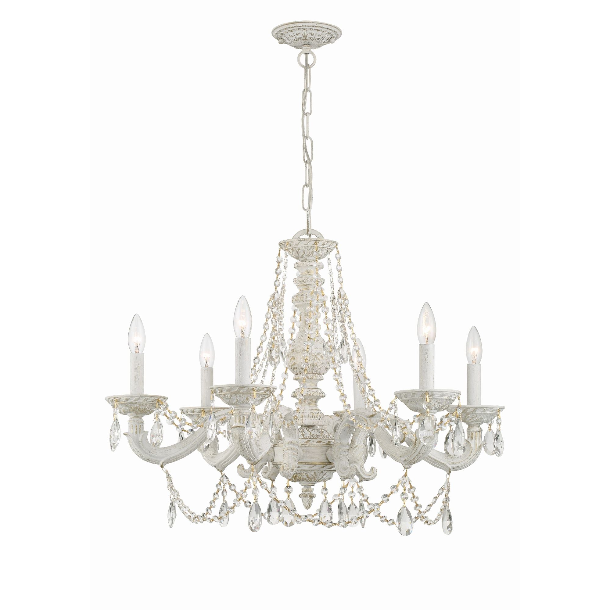 Paris Market 6 Light Clear Crystal Antique White Chandelier Hand Cut Crystal 28"W x 22"H x 28"D