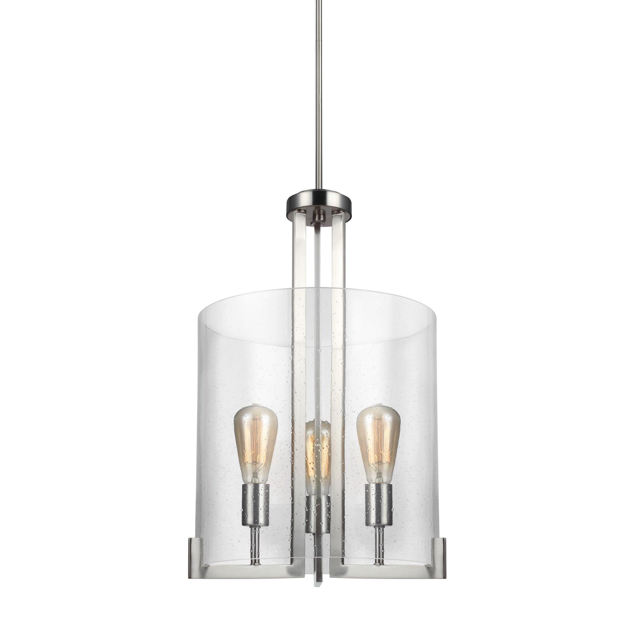 Dawes Three Light Hall / Foyer Transitional Pendant 23.5" Height Steel Round Clear Seeded Shade in Brushed Nickel