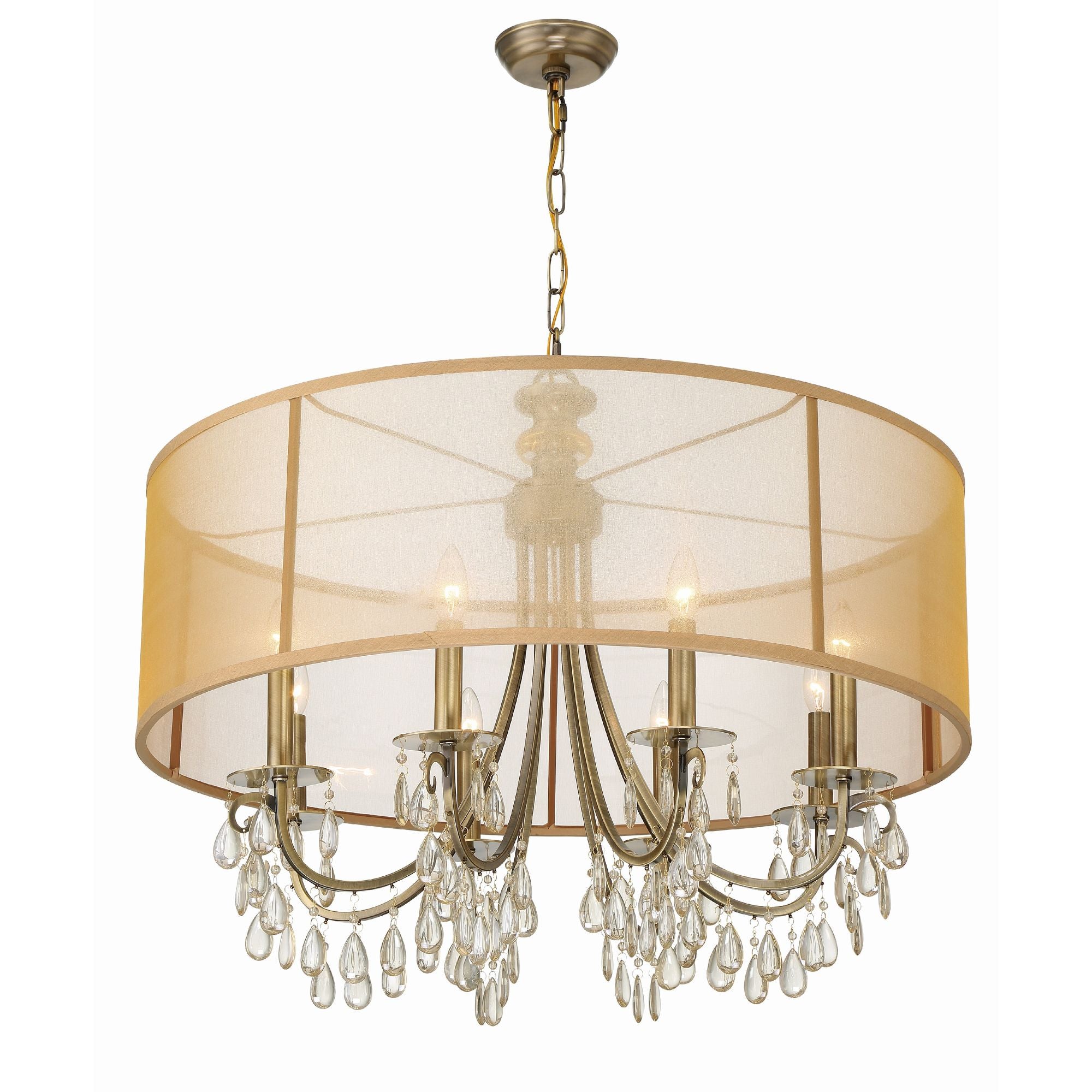 Hampton 8 Light Drum Shade Antique Brass Chandelier Etruscan Teardrop Almond Silk Shade 32"W x 26"H x 32"D