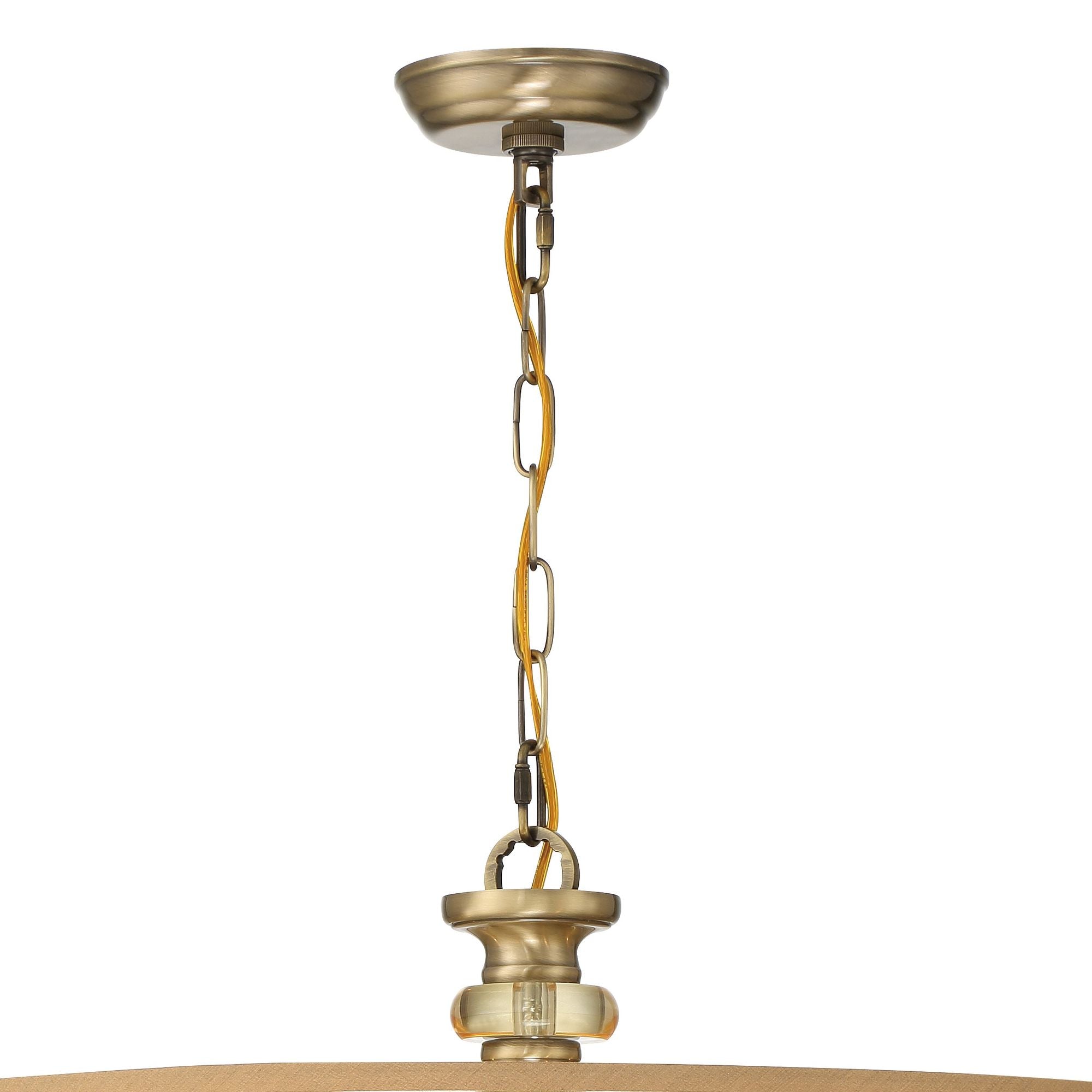 Hampton 8 Light Drum Shade Antique Brass Chandelier Etruscan Teardrop Almond Silk Shade 32"W x 26"H x 32"D
