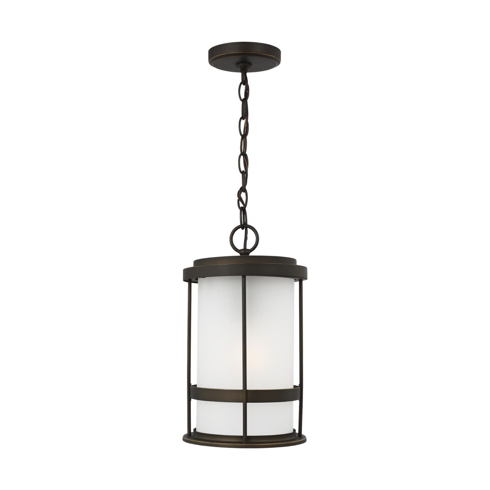 Wilburn One Light Outdoor Pendant Lantern LED Transitional Fixture 14" Height Aluminum Round Satin Etched Shade in Antique Bronze