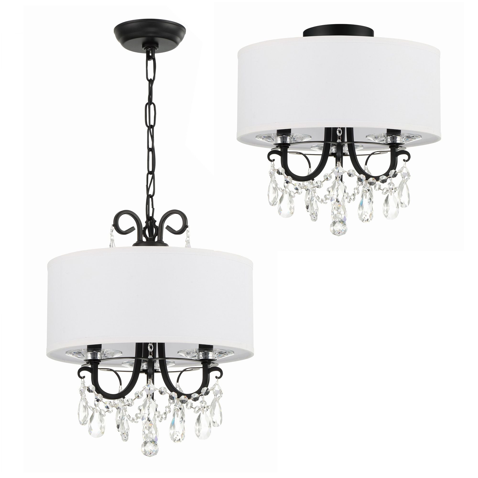 Othello 3 Light Matte Black Mini Chandelier Hand Cut Crystal Silk Shade 14"W x 17"H x 14"D