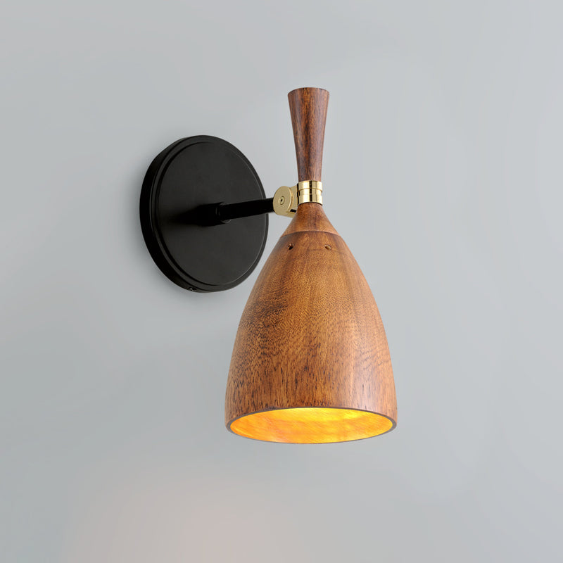 Utopia 1 Light Wall Sconce in Black Brass Acacia Wood Shades