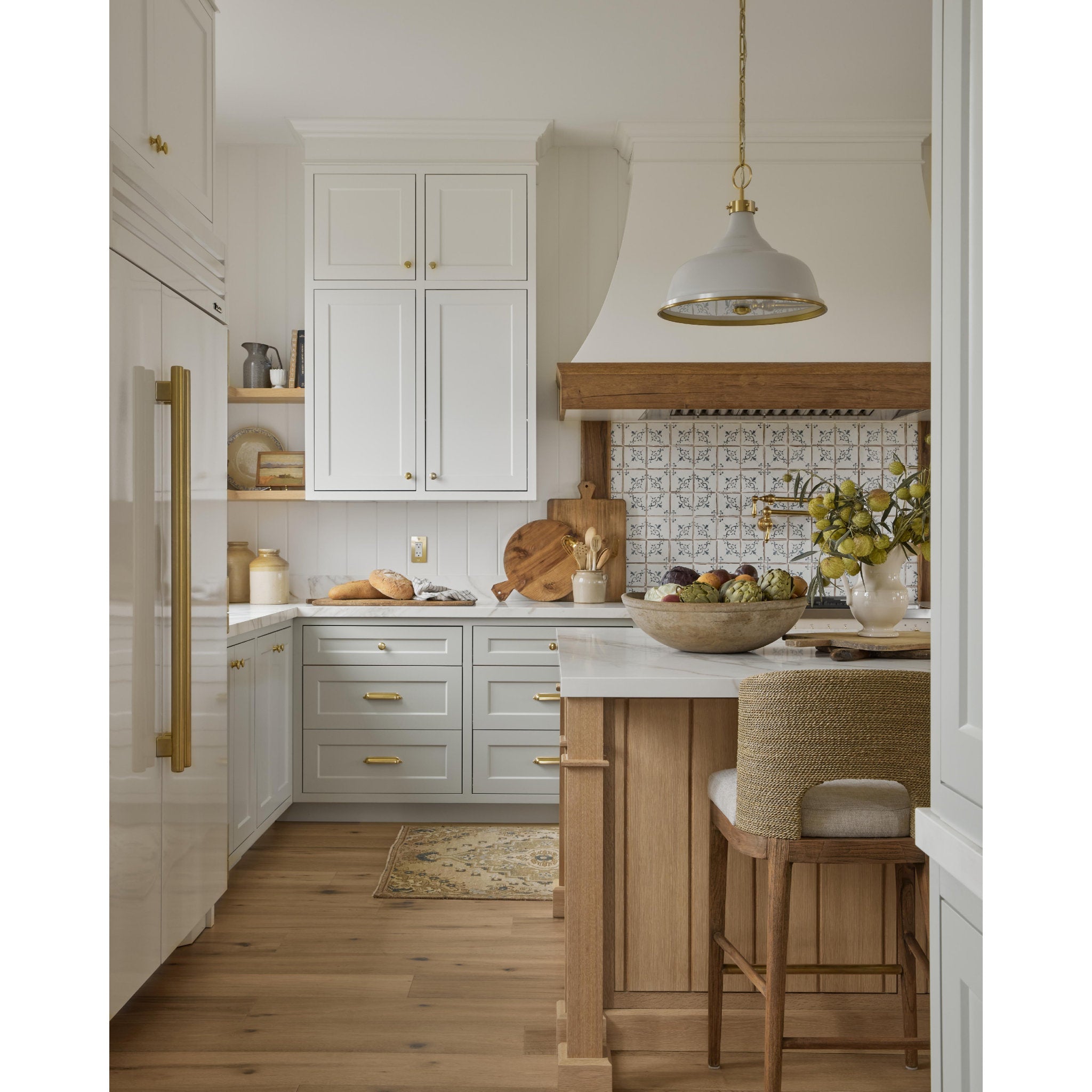 Painted No.1 3-Light Pendant in  Aged Brass/Off White by  Mark D. Sikes 18L x 18W x 16H