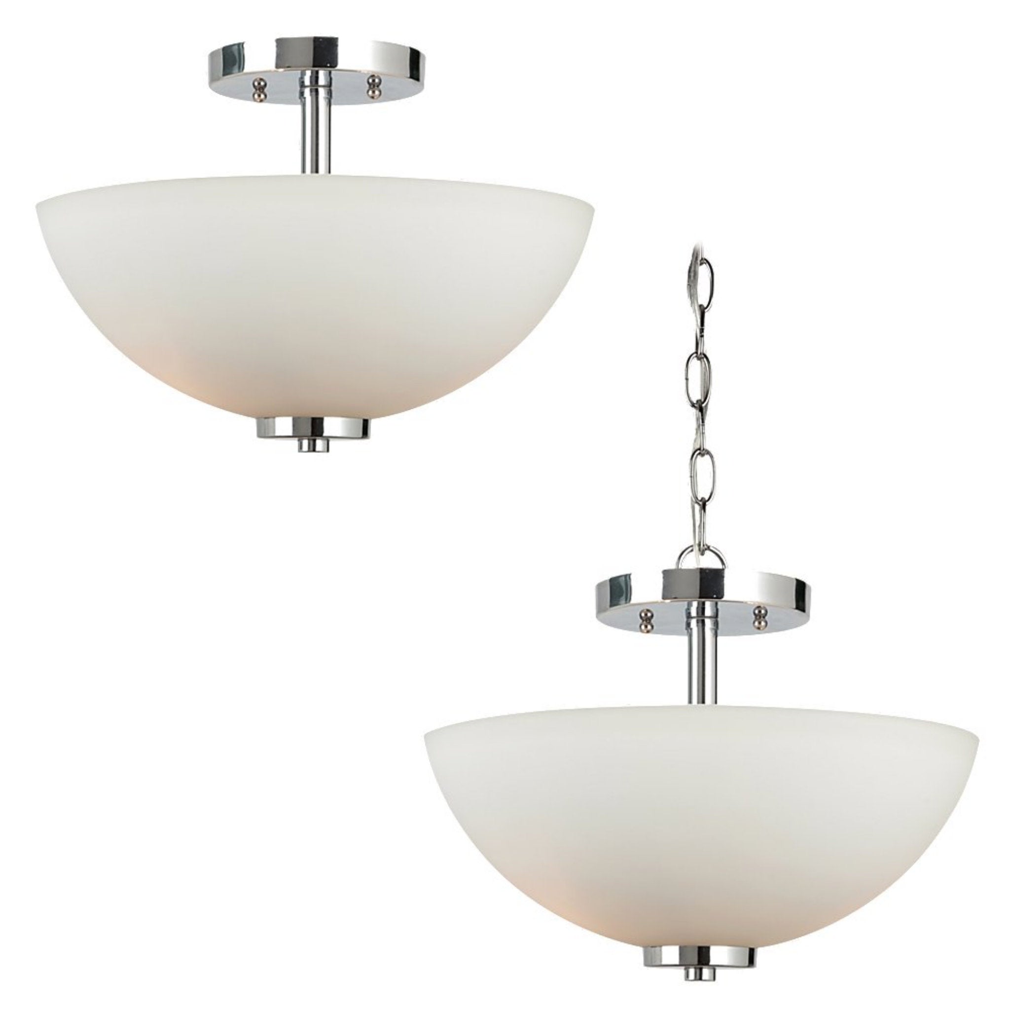 Oslo Two Light Semi-Flush Convertible Pendant Contemporary Ceiling Fixture 13.5" Width 11.25" Height Steel Round Etched / White Inside Shade in Chrome