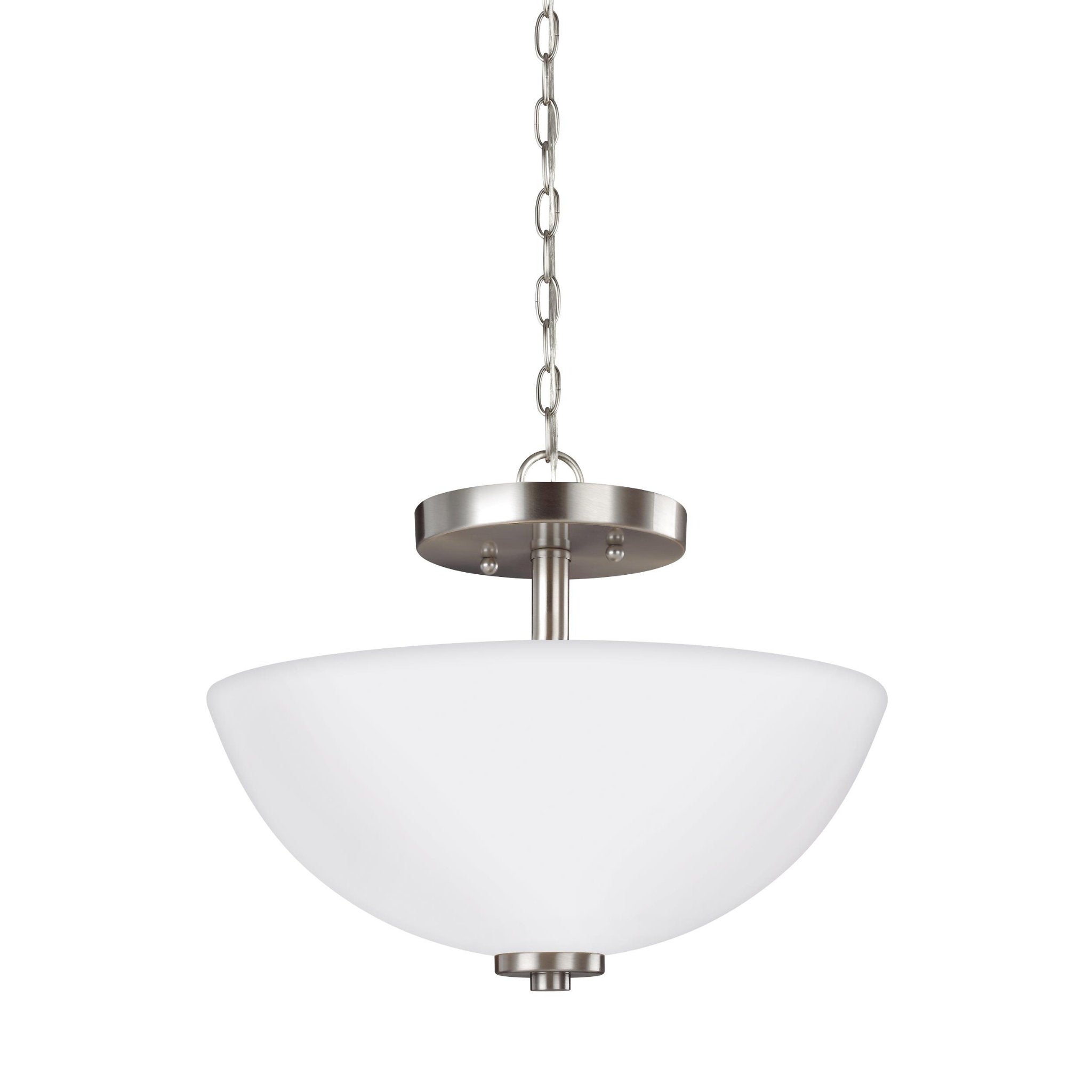 Oslo Two Light Semi-Flush Convertible Pendant Contemporary Ceiling Fixture 13.5" Width 11.25" Height Steel Round Etched / White Inside Shade in Brushed Nickel