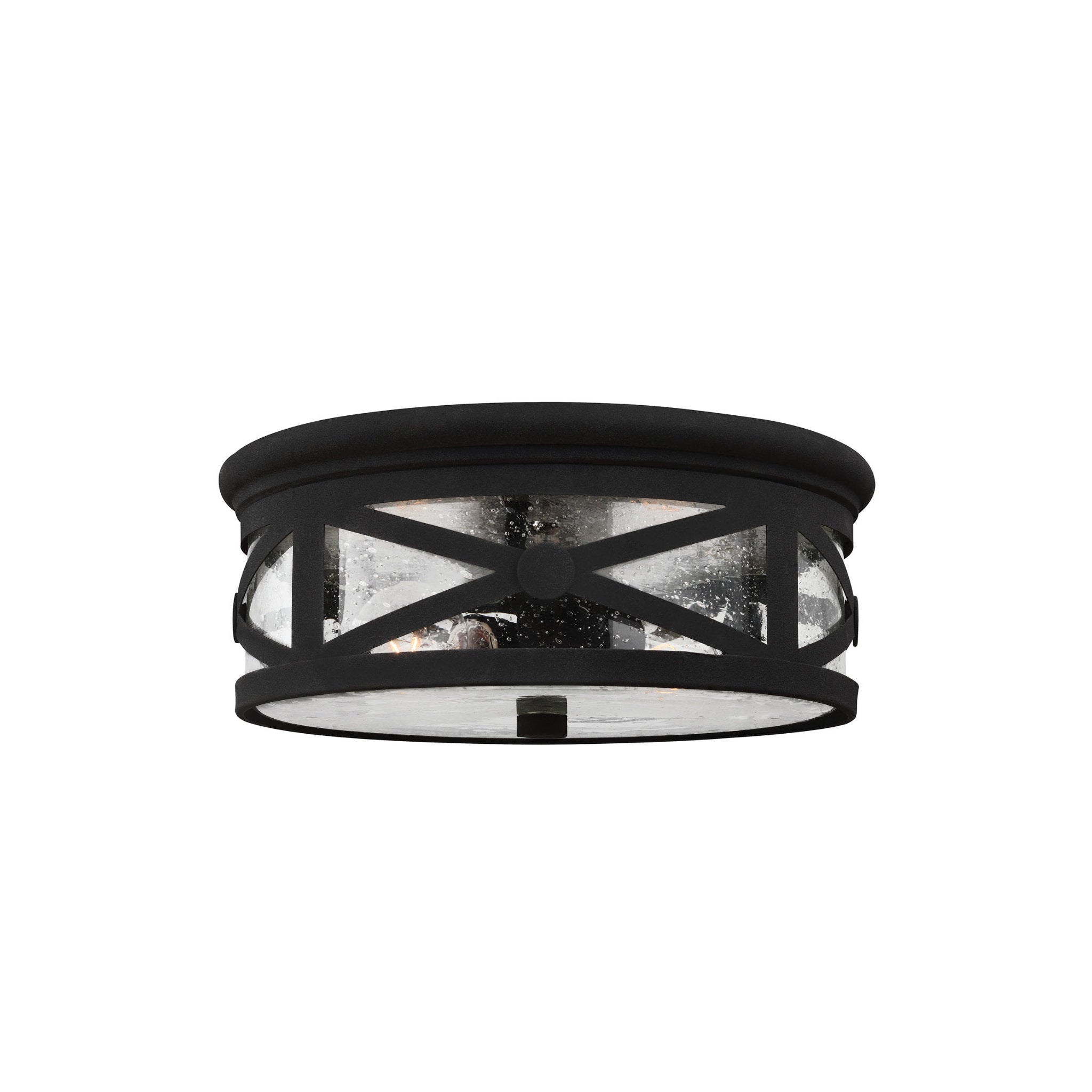 Two Light Outdoor Ceiling Flush Mount Traditional Fixture 5.5" Height Aluminum Round Clear Seeded Shade in Black