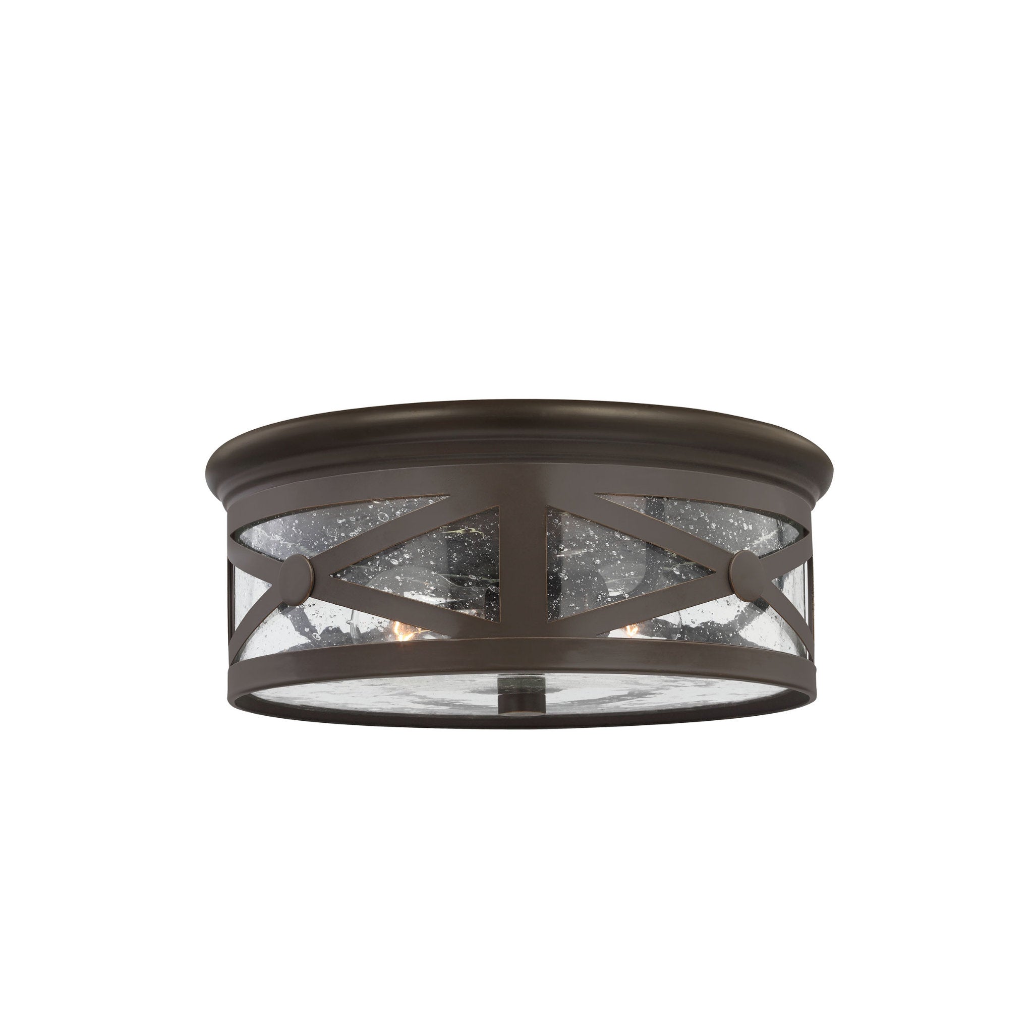 Two Light Outdoor Ceiling Flush Mount Traditional Fixture 5.5" Height Aluminum Round Clear Seeded Shade in Antique Bronze