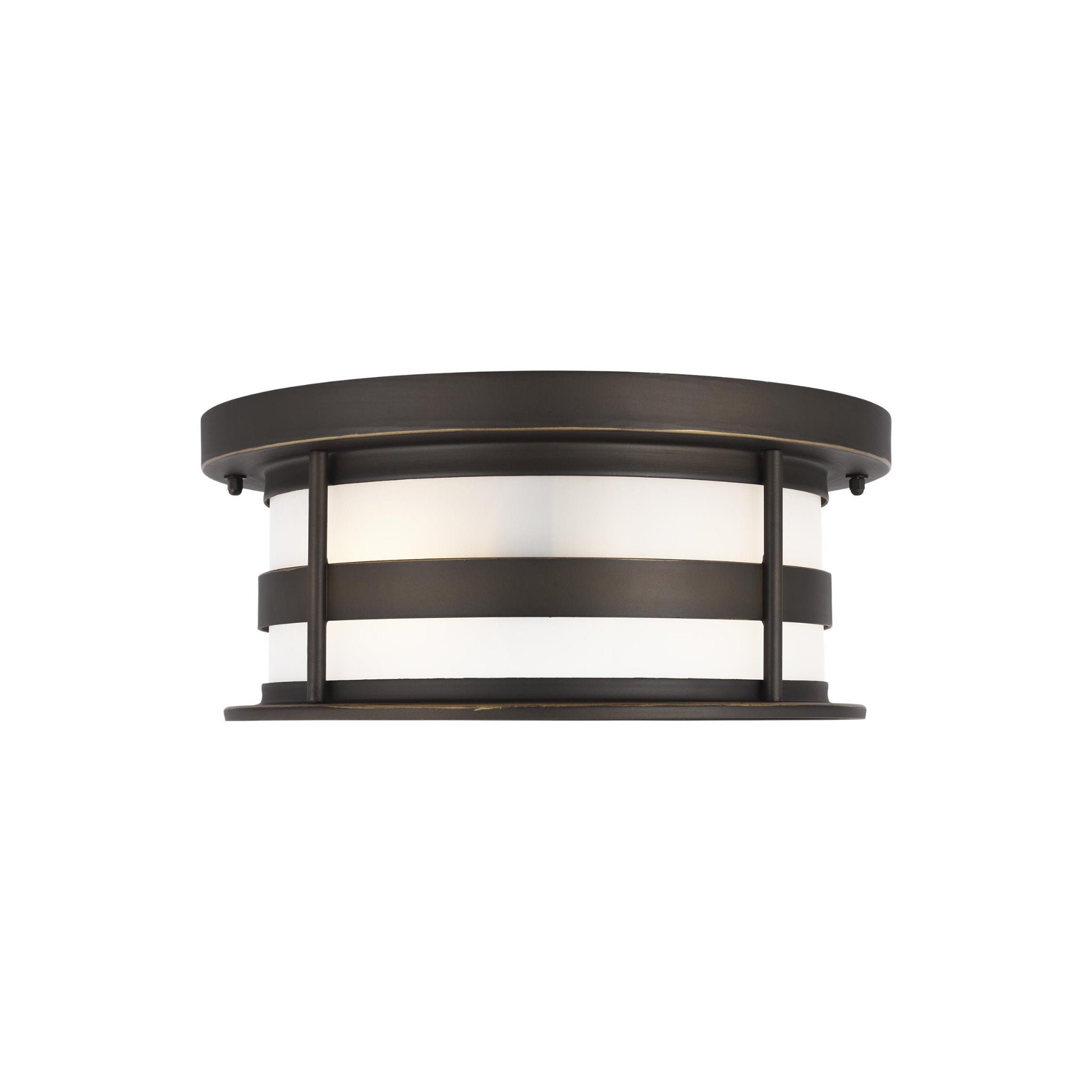Wilburn Two Light Outdoor Flush Mount Transitional Fixture 5.5" Height Aluminum Round Satin Etched Shade in Antique Bronze