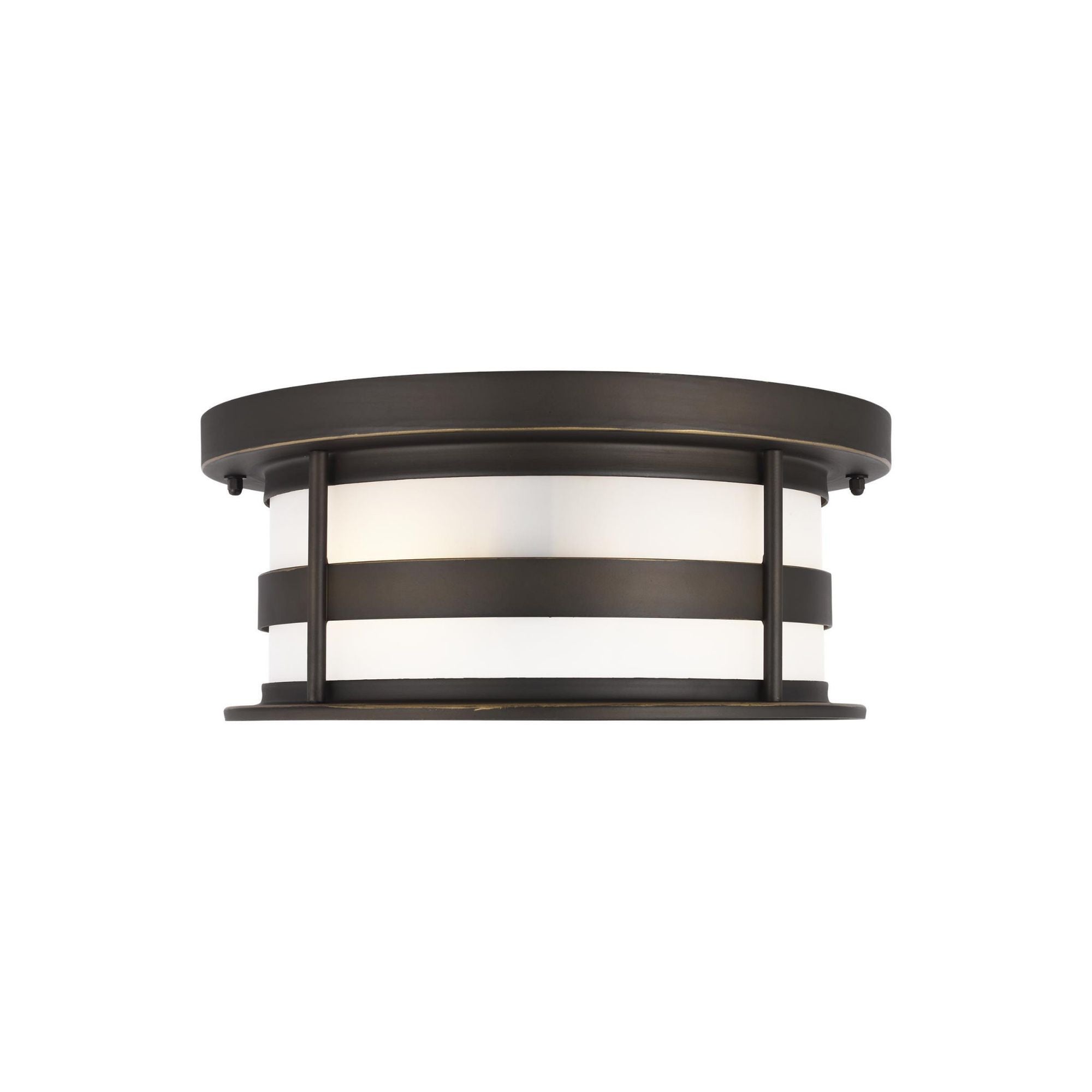 Wilburn Two Light Outdoor Flush Mount LED Transitional Fixture 5.5" Height Aluminum Round Satin Etched Shade in Antique Bronze