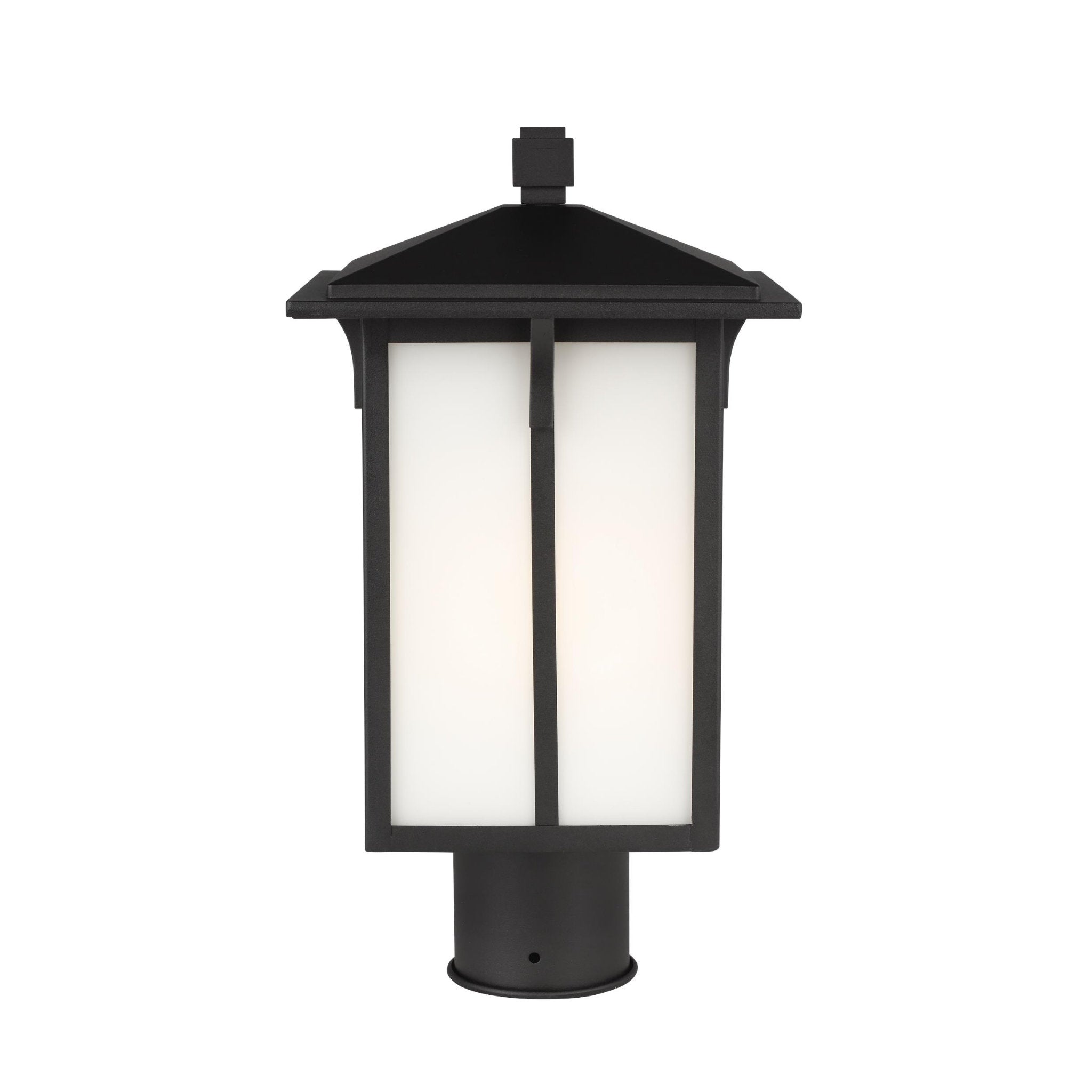 Tomek One Light Outdoor Post Lantern Transitional Fixture 8.375" Width 15.375" Height Aluminum Rectangular Etched / White Inside Shade in Black
