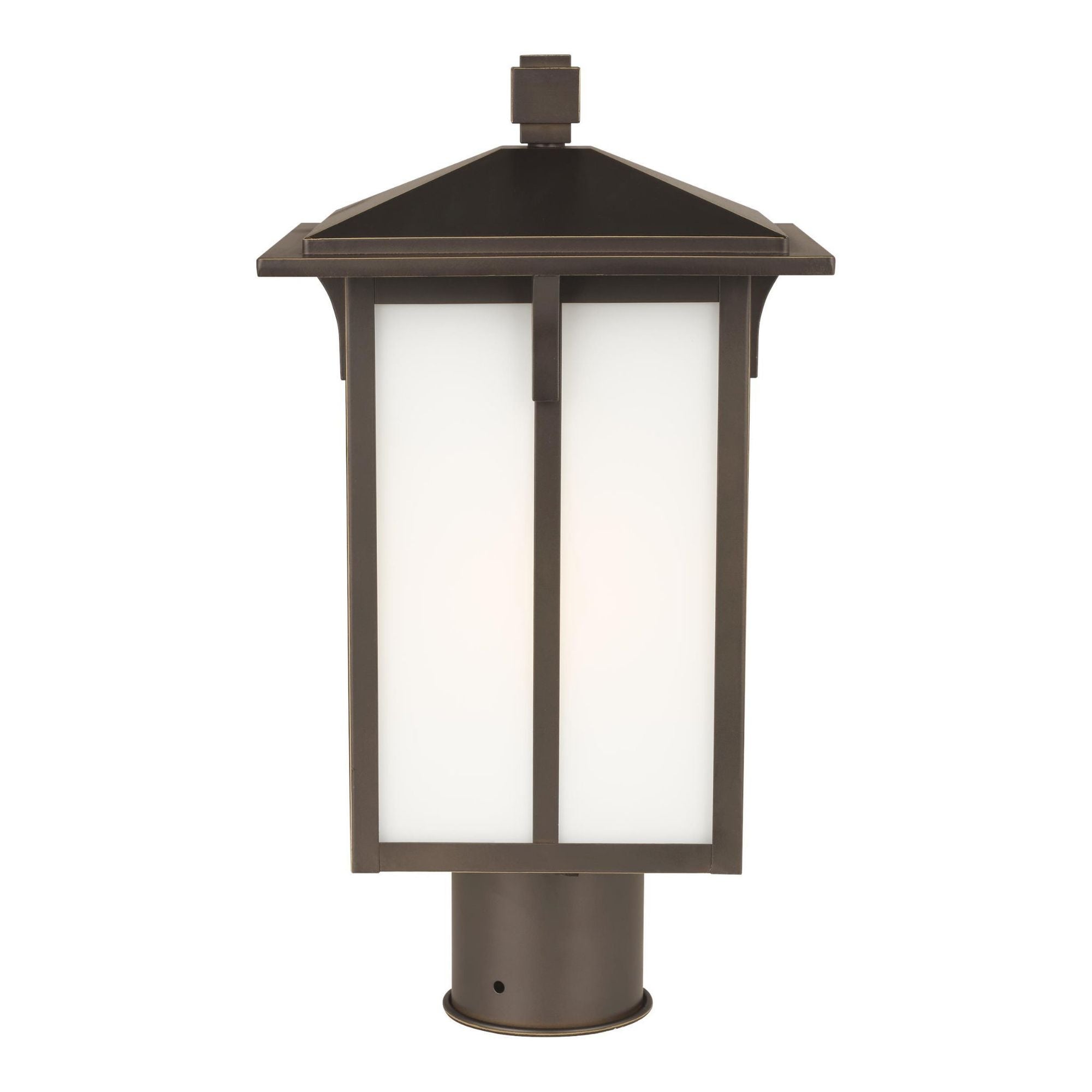 Tomek One Light Outdoor Post Lantern LED Transitional Fixture 8.375" Width 15.375" Height Aluminum Rectangular Etched / White Inside Shade in Antique Bronze