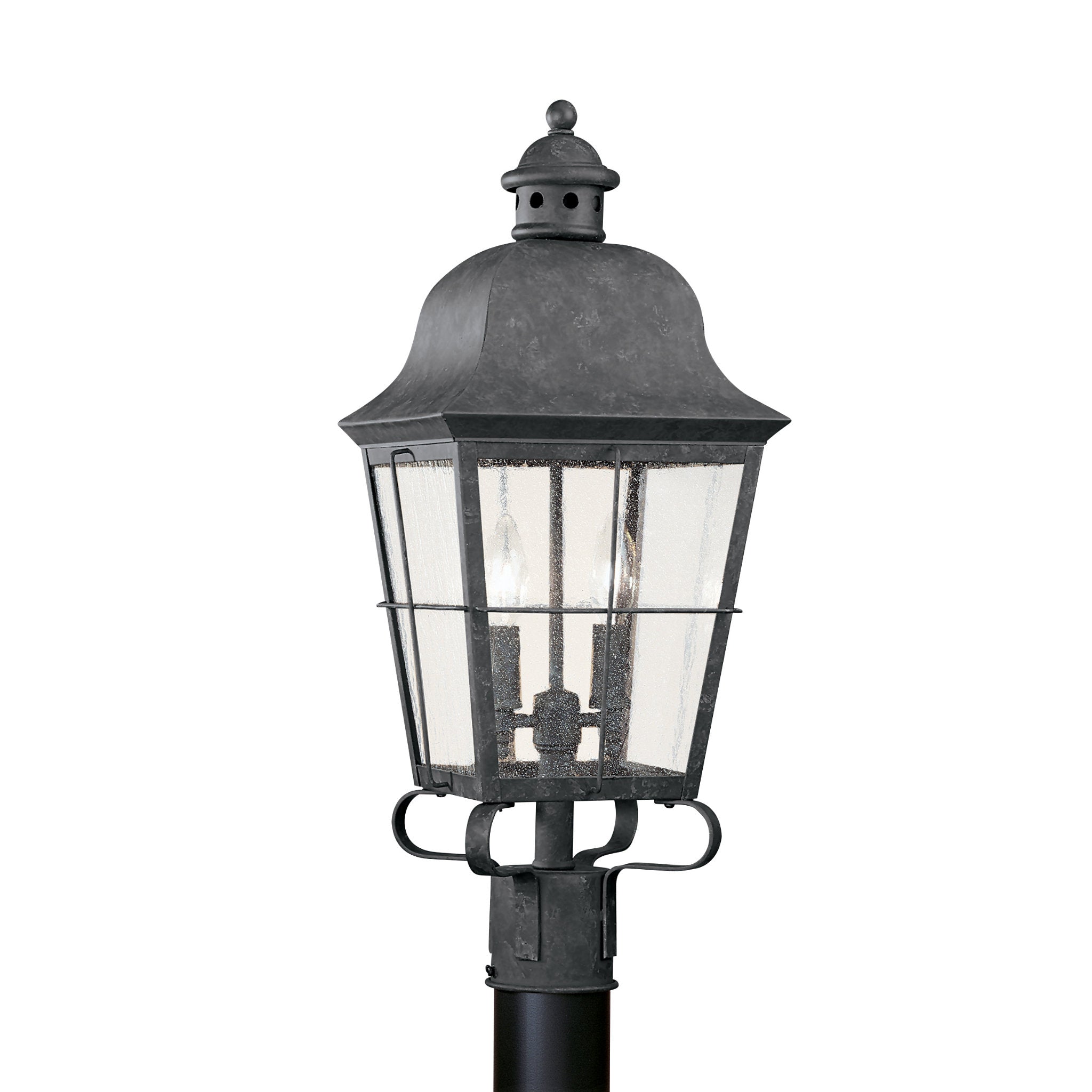 Chatham Two Light Outdoor Post Lantern Traditional Fixture 9.25" Width 22.75" Height Brass Clear Seeded Shade in Oxidized Bronze