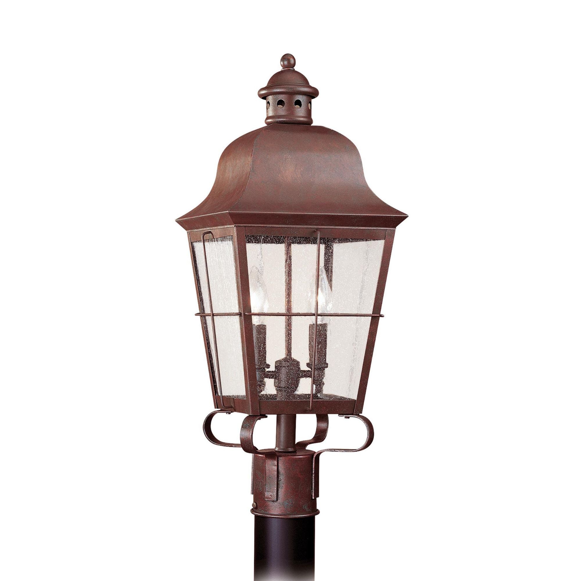 Chatham Two Light Outdoor Post Lantern LED Traditional Fixture 9.25" Width 22.75" Height Brass Clear Seeded Shade in Weathered Copper