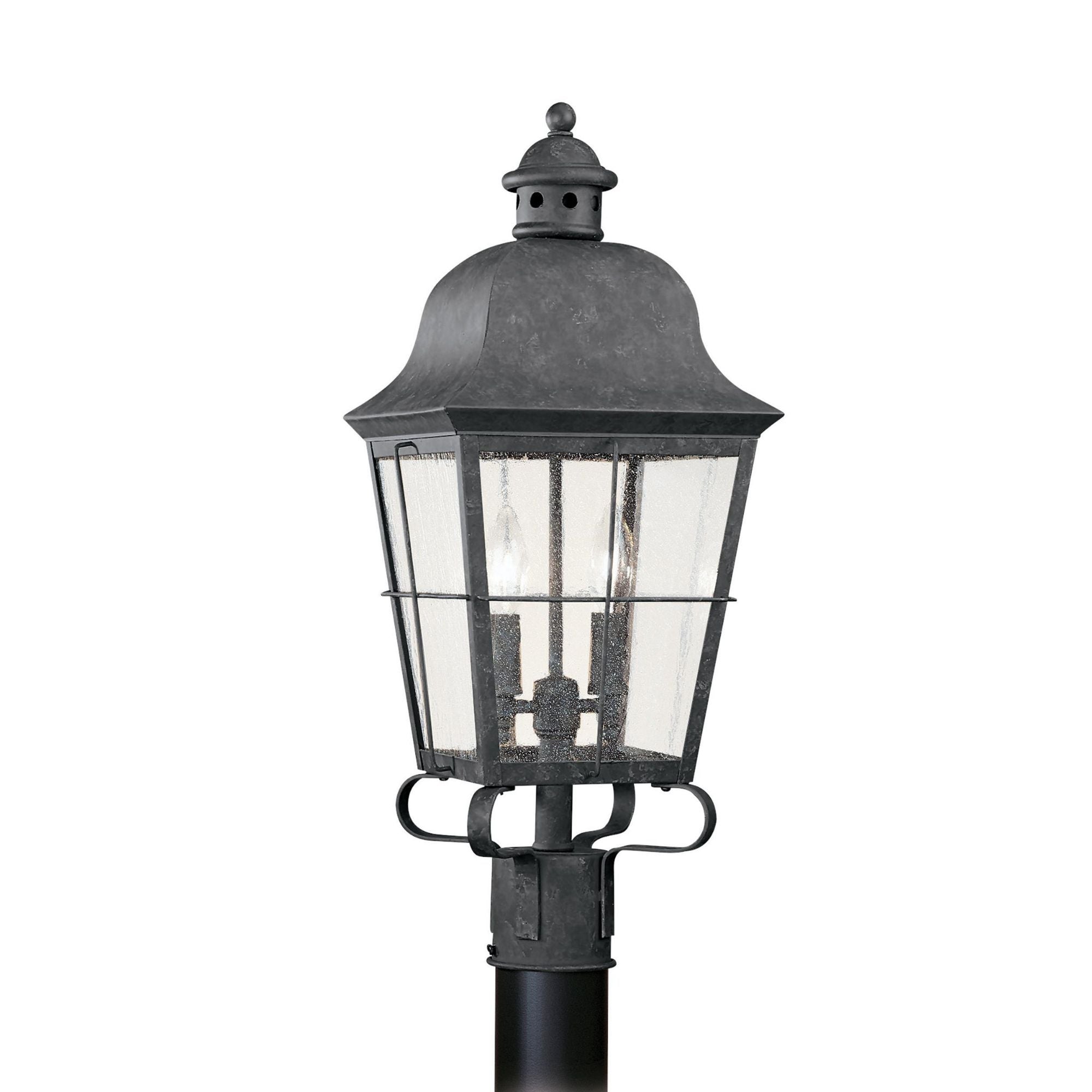 Chatham Two Light Outdoor Post Lantern LED Traditional Fixture 9.25" Width 22.75" Height Brass Clear Seeded Shade in Oxidized Bronze